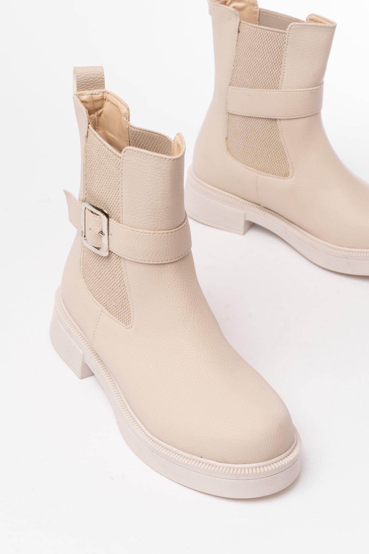 Aymood-02-2004 Beige Elastic Daily Women's Boots with Buckle Accessories 4