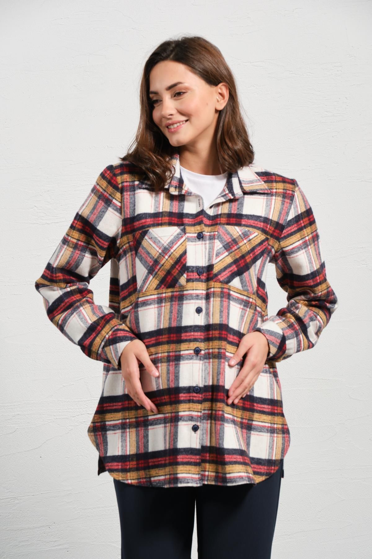 BUSA-Ecru Colored Maternity Lumberjack Shirt - Long Sleeve, Front Pocket 1