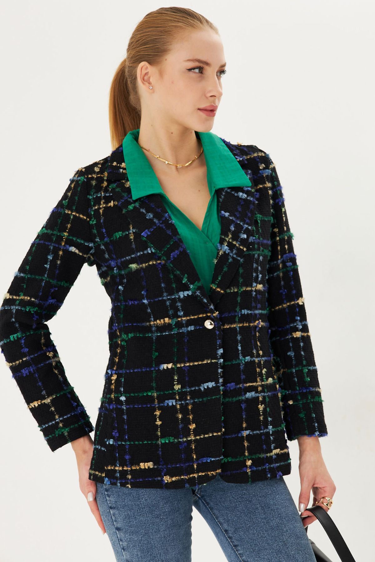 armonika-Women's Saks Tweed Fabric Single Button Jacket Arm-25K 001042 3