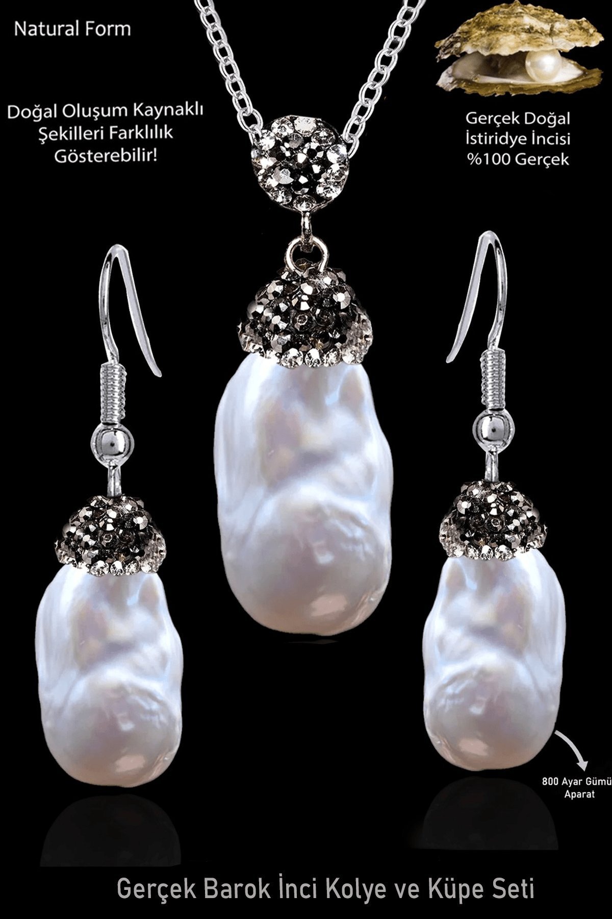 Erilsa Sertifikalı Zirkon Taşlı Model Ham İstiridye Barok İncisi Kolye ve Küpe Seti