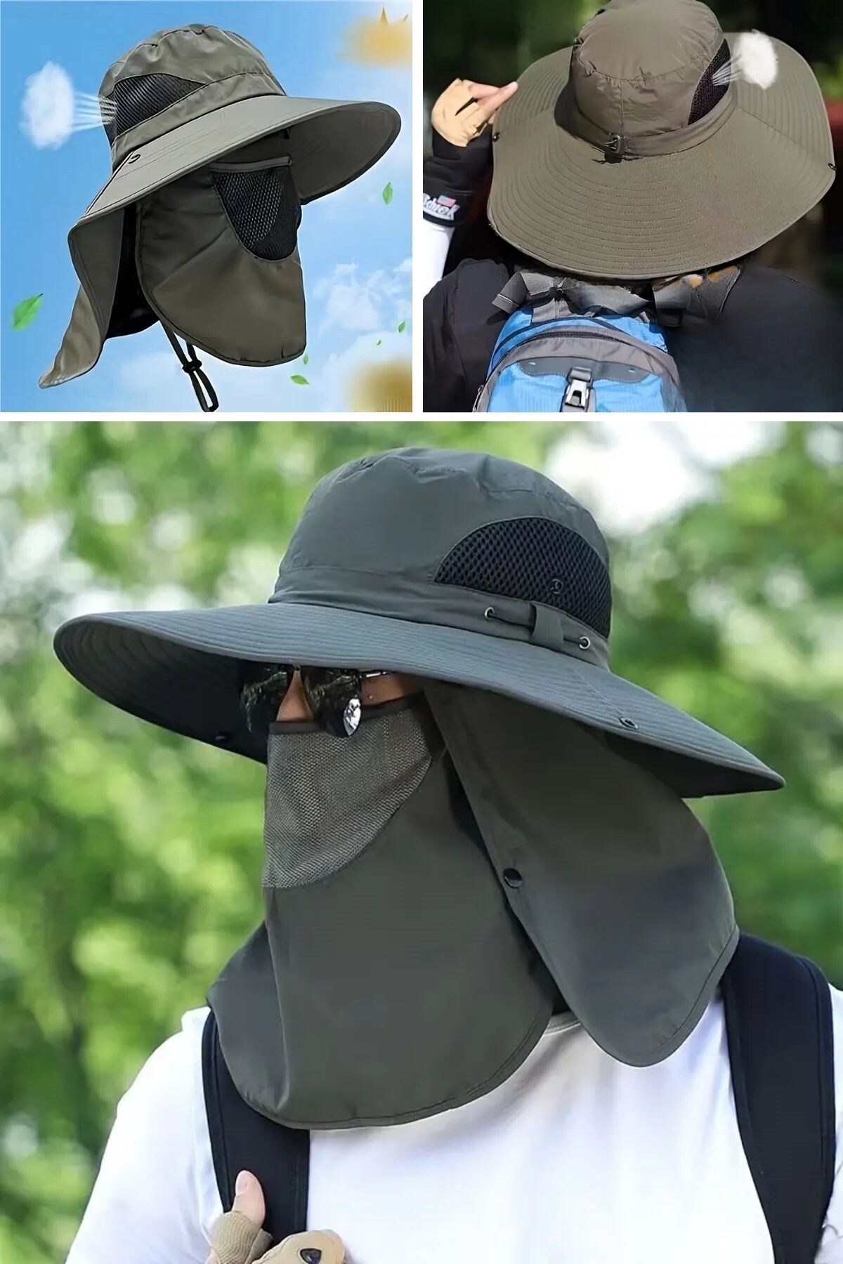 Buffer ® Güneş Koruyuculu Nefes Alabilen Maskeli ve Boyun Kapaklı Geniş Kenarlı Balıkçı Şapkası