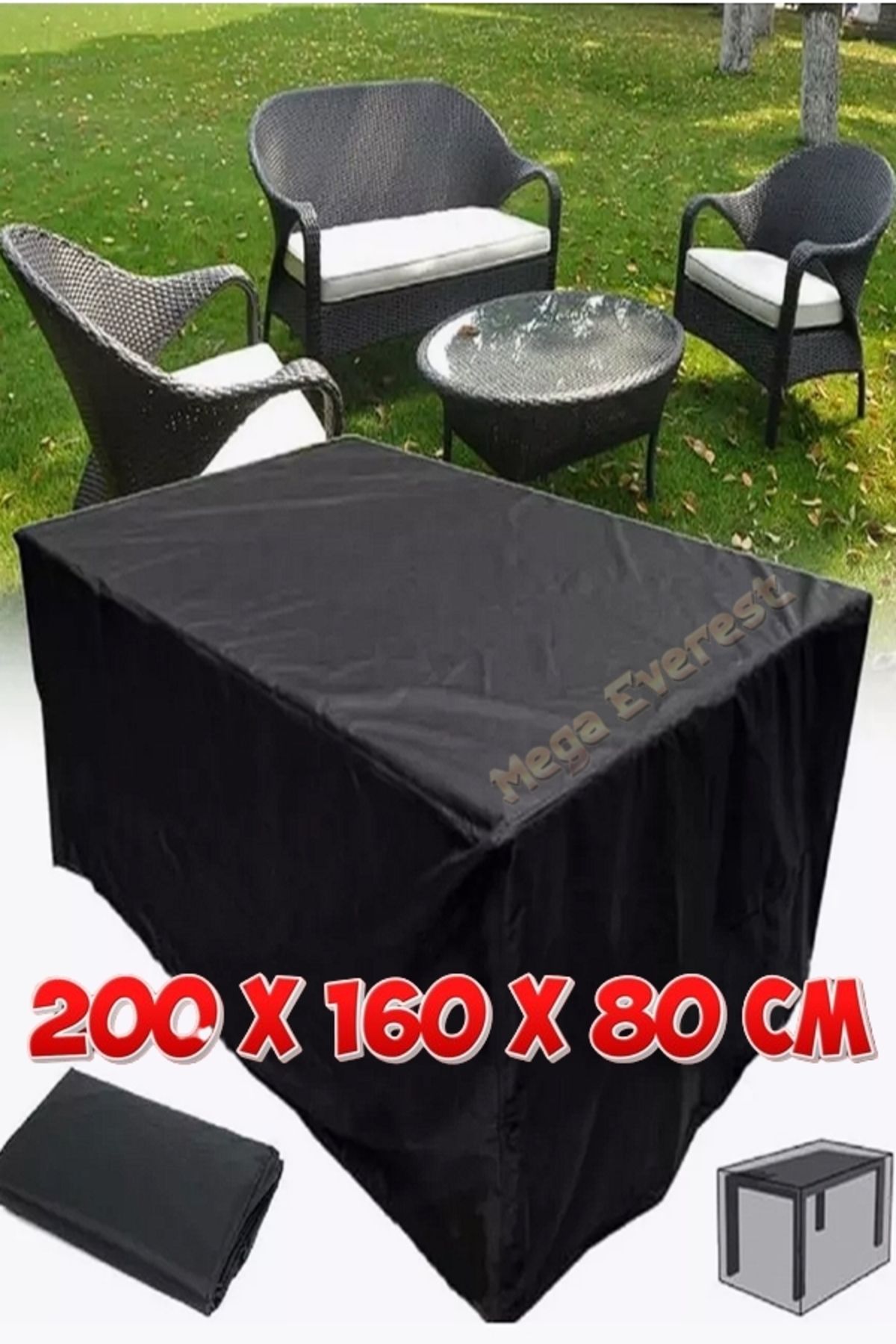 Mega Everest 4 Mevsim Bahçe Balkon Mobilya Koruma Örtüsü Siyah Branda Su Geçirmez 200x160x80 Cm