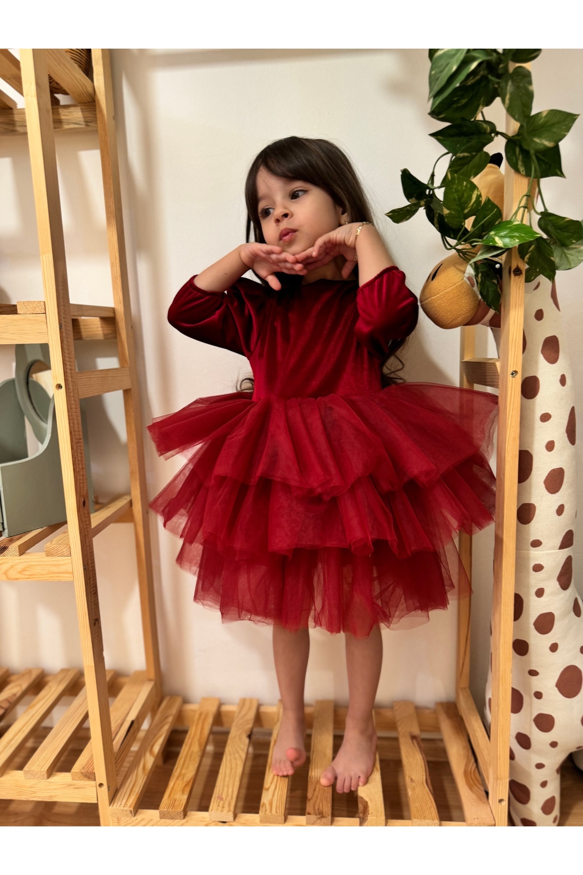 Maroon Velvet Fabric Skirt Layered Baby Girl Girl Dress