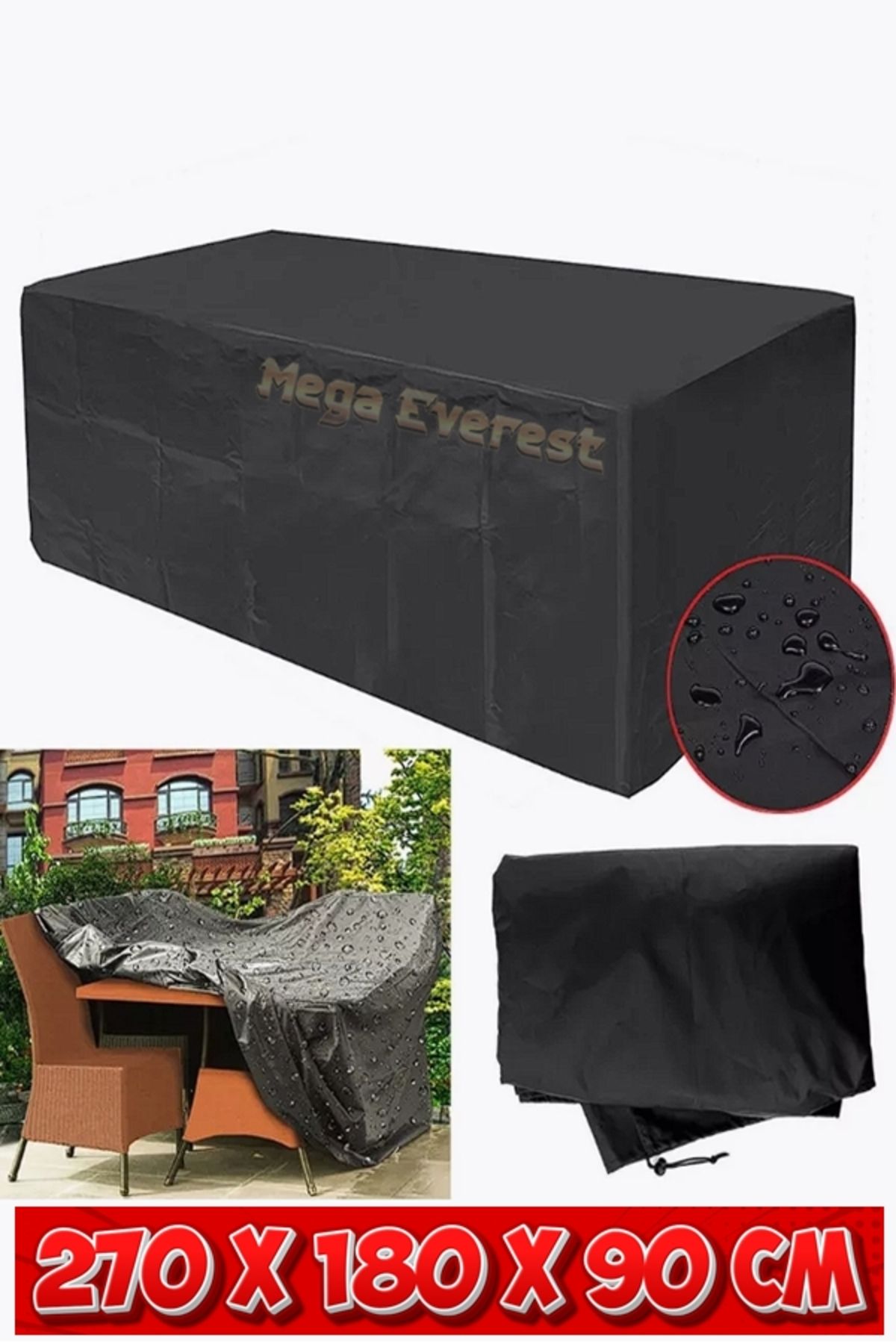 Mega Everest 4 Mevsim Bahçe Balkon Mobilya Koruma Örtüsü Siyah Branda Su Geçirmez 270x180x90 Cm