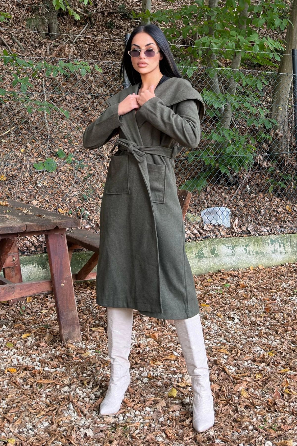 NEW LAVİVA-Khaki Stamp Coat - Double Breasted Neckline, Hood, Double Pockets and Waist Belt (No Lining) 4