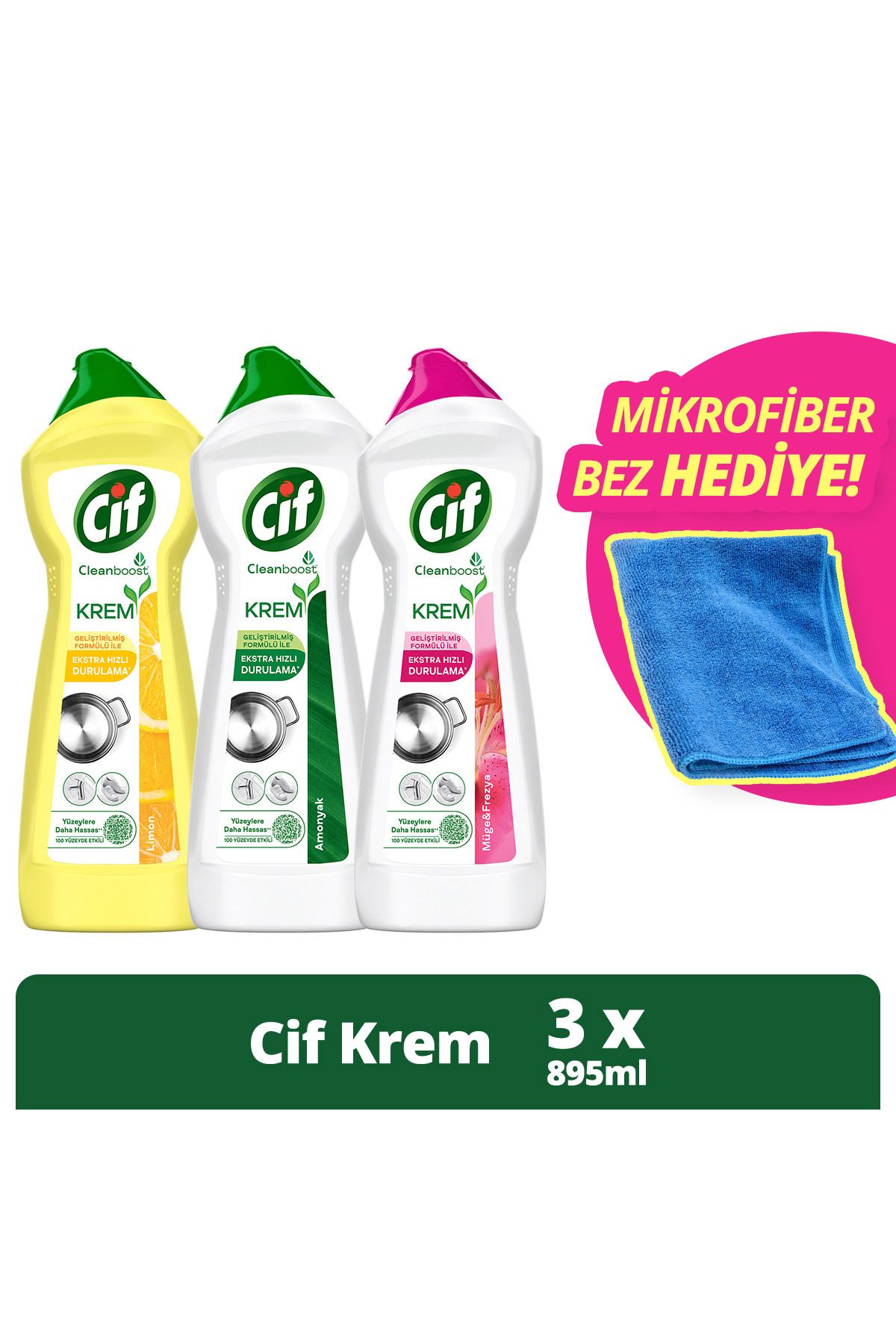 Cif Krem Yüzey Temizleyici 750 ml X 3 Mikrofiber Bez 1 Adet