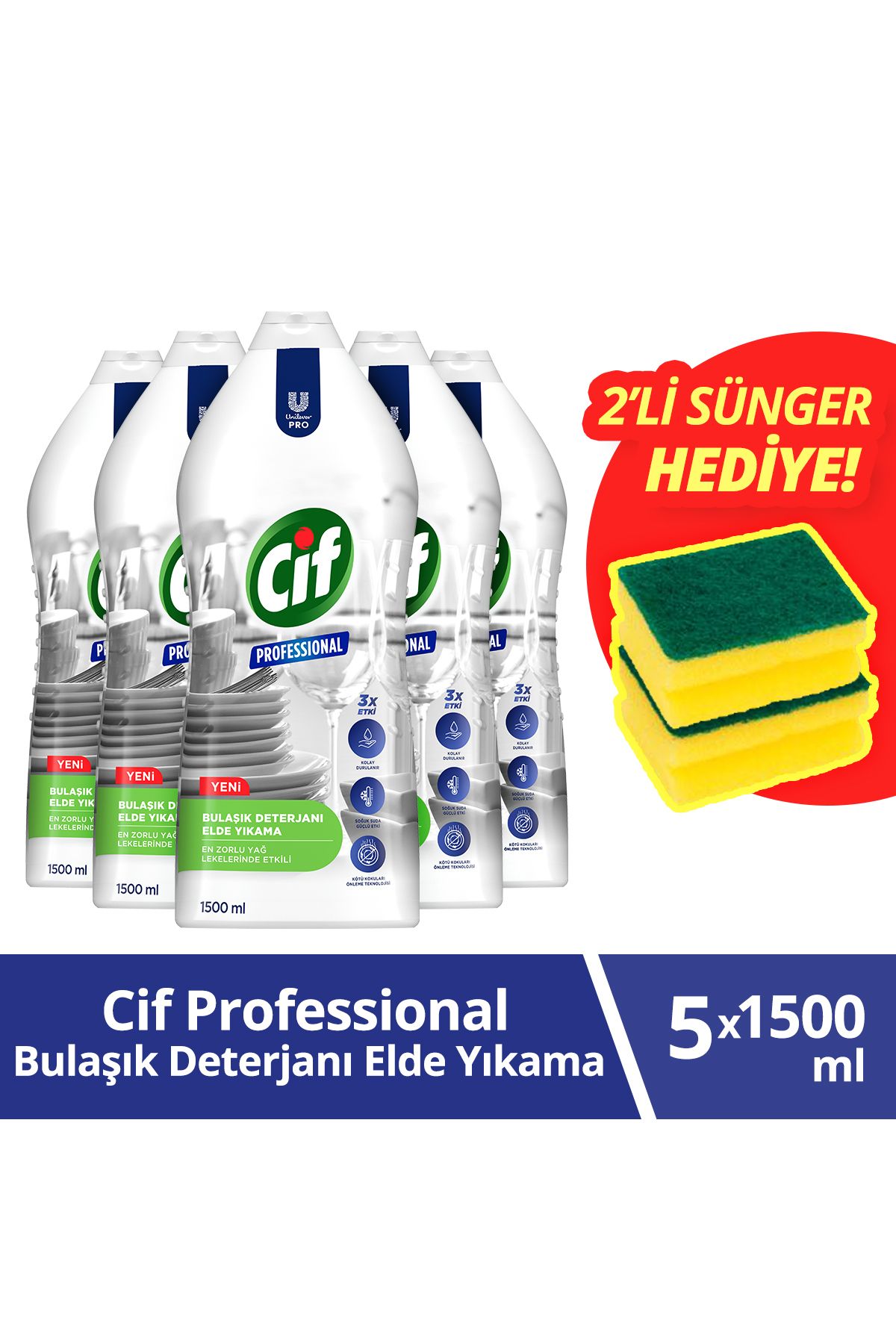 Cif Profesyonel Bulaşık Deterjanı Elde Yıkama 1500 ml X5 Bulaşık Süngeri Hediye