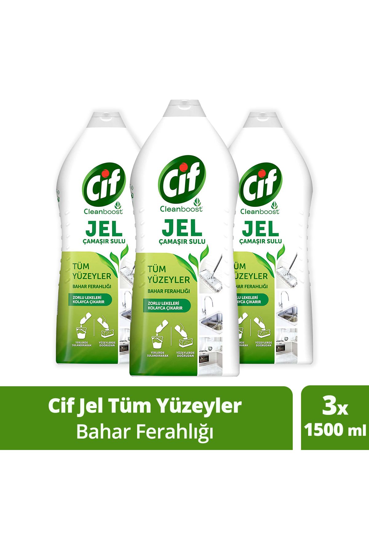 Cif Jel Yüzey Temizleyici Tüm Yüzeyler Bahar Ferahlığı Çamaşır Suyu Katkılı 1500 ml 3 Adet