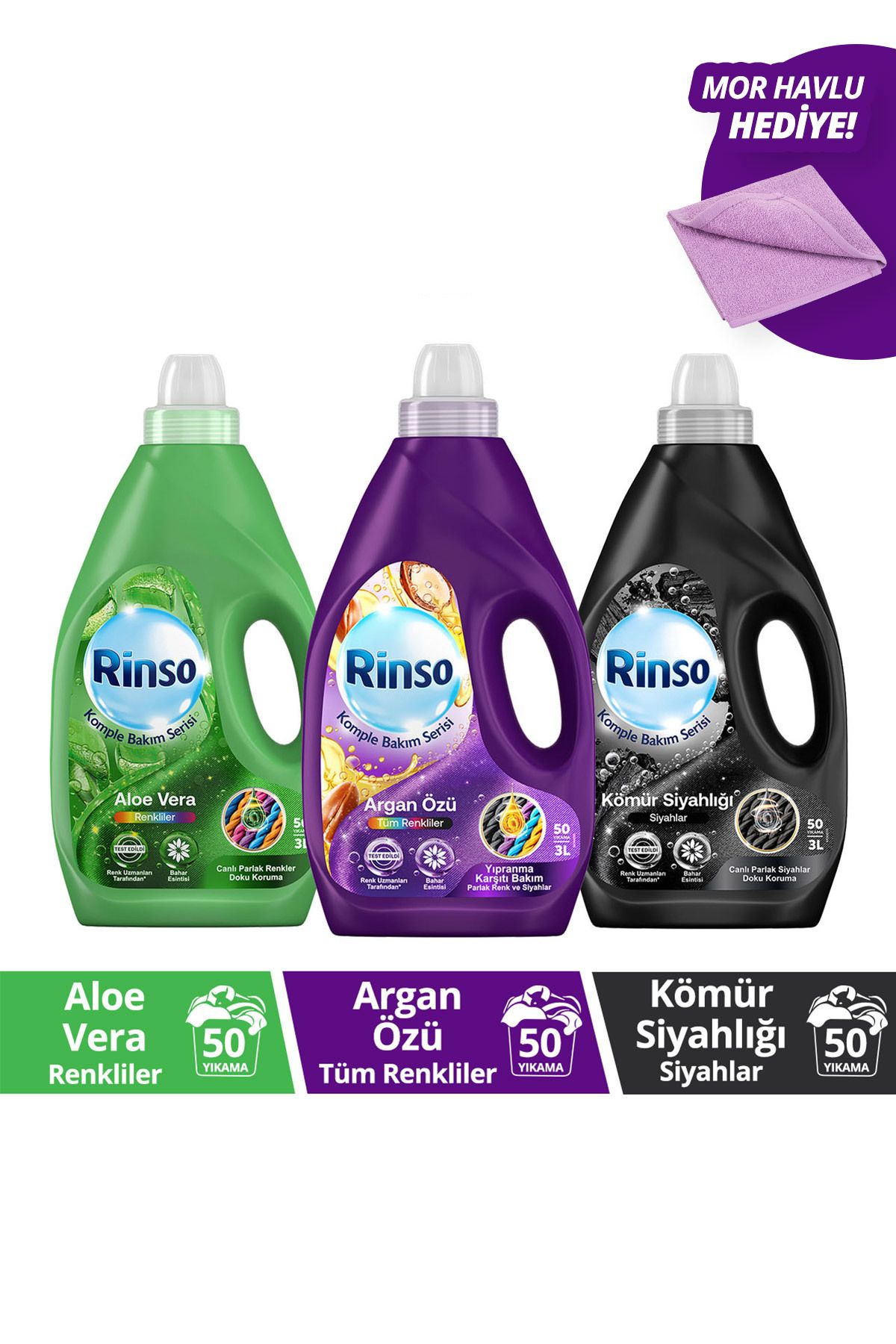 Rinso Komple Bakım Sıvı Deterjanı 3l Argan Özü Aloe Vera Kömür Siyahlığı Mor Havlu Hediye