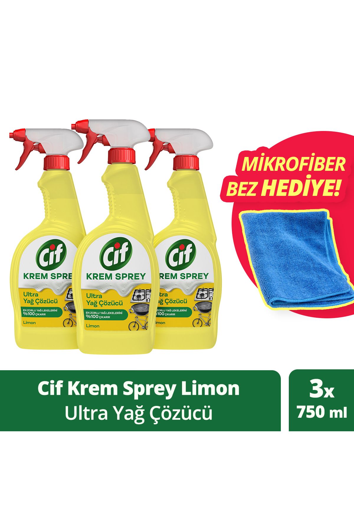 Cif Krem Sprey Limon Ultra Yağ Çözücü Yüzey Temizleyici 750 ml X3 Mikrofiber Bez Hediye