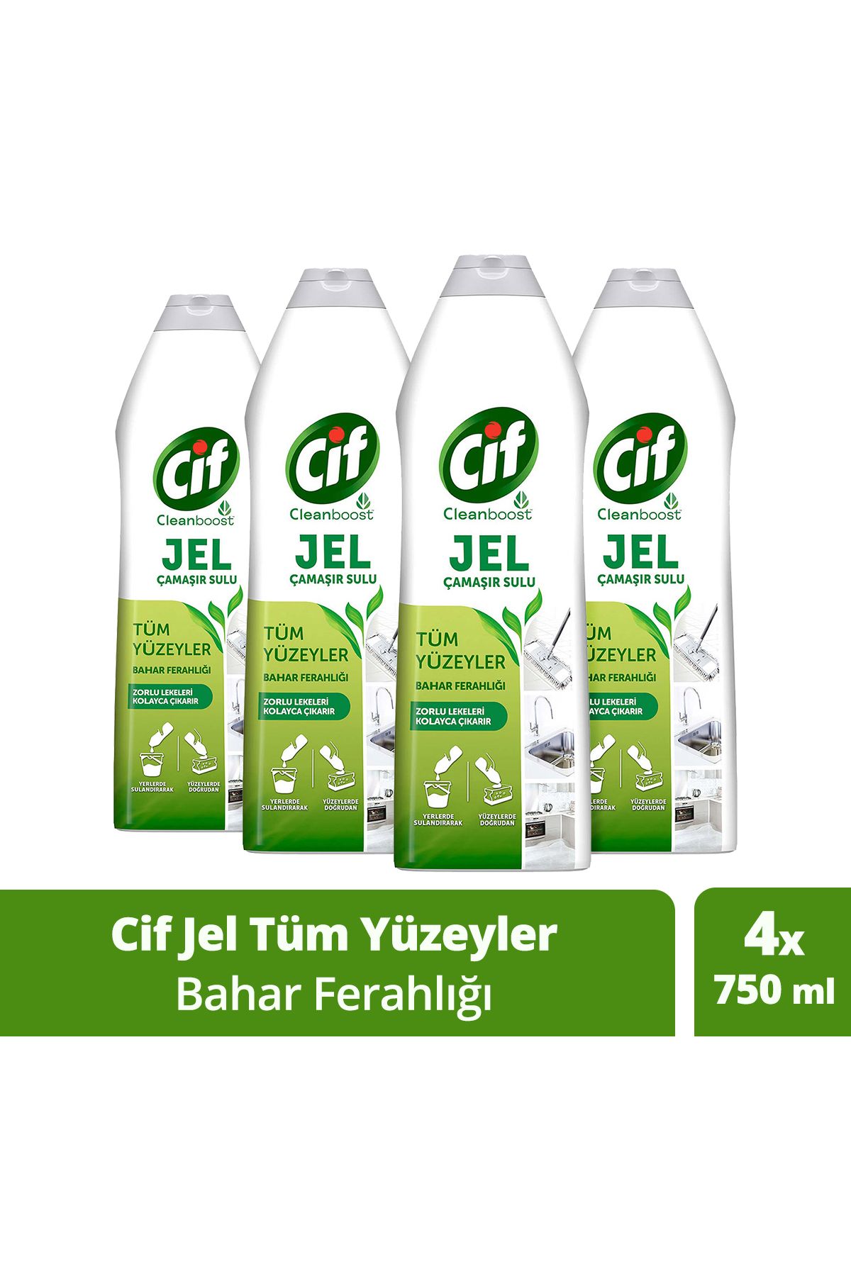 Cif Tüm Yüzeyler Için Jel Yüzey Temizleyici Leke Çıkarıcı, Yağ Çözücü Bahar Ferahlığı 750 Mlx4