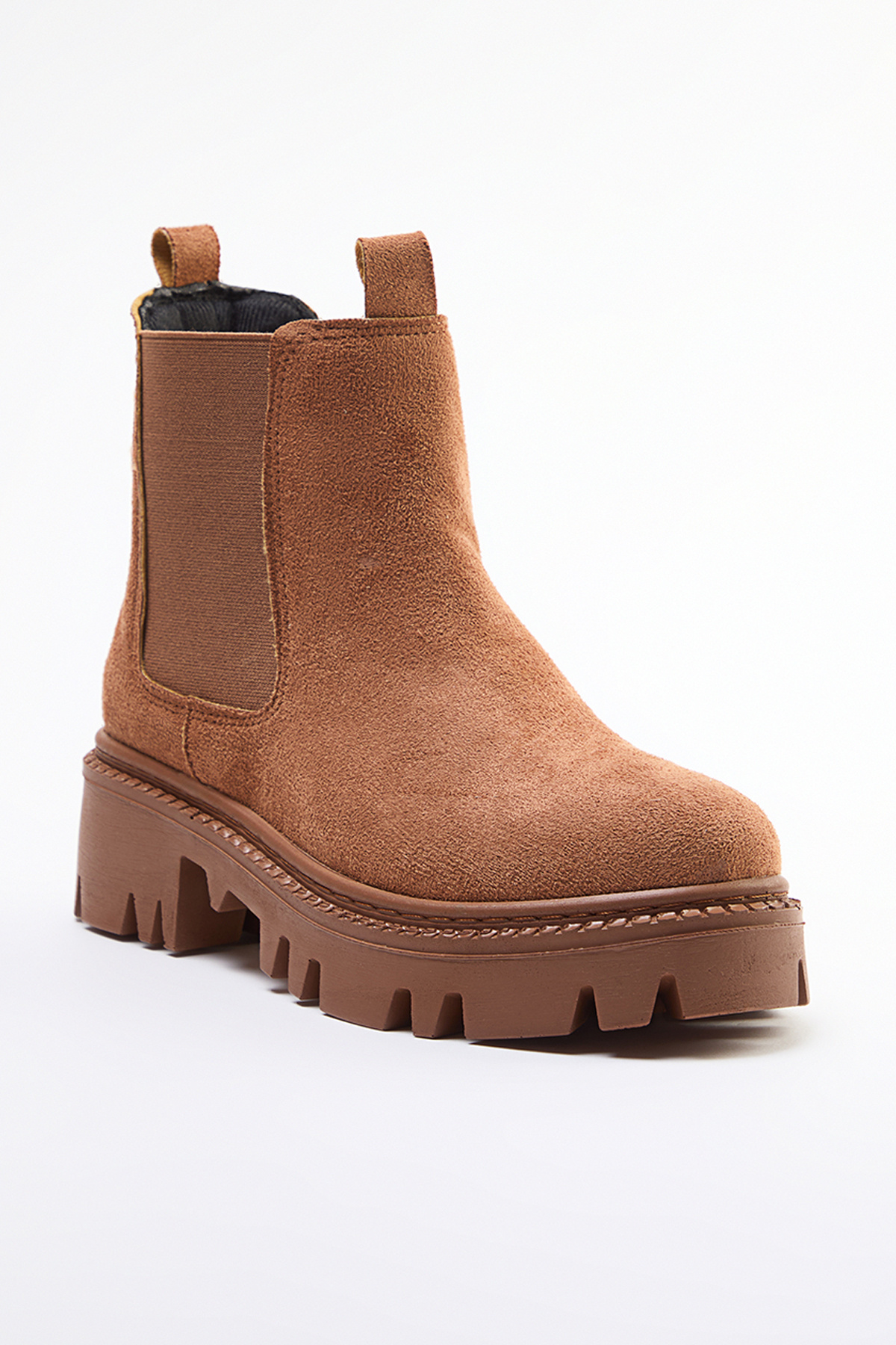TRENDYOL SHOES-Brązowe zamszowe grube płaskie dno Chealsea damskie buty Takaw25Bo00063 4