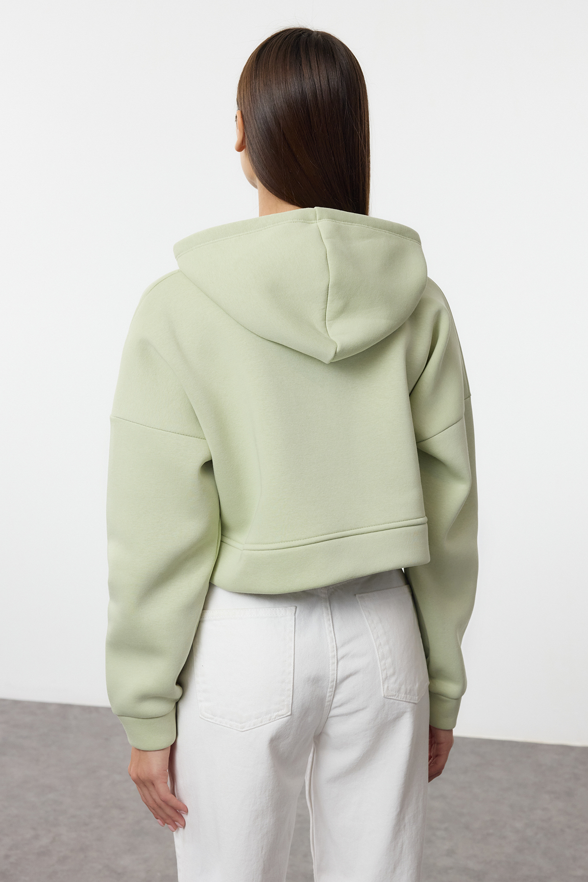Trendyolmilla  Mint Fermuarlı Kapüşonlu Rahat Kesim Crop Kalın İçi Polarlı Örme Sweatshirt TWOAW20SW0660 - Görsel 5