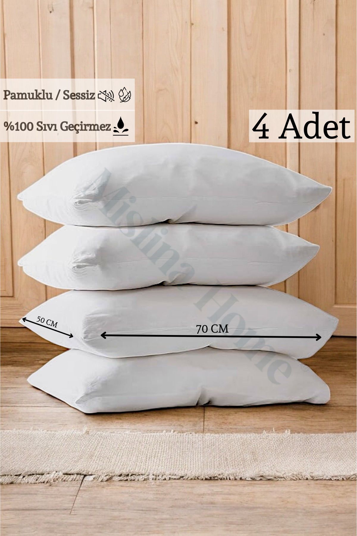 Mislina Home Terry Cotton Pamuklu 4'Lü Kapaklı Sıvı Su Geçirmez Sessiz Yastık Koruyucu Alez 50x70 Cm