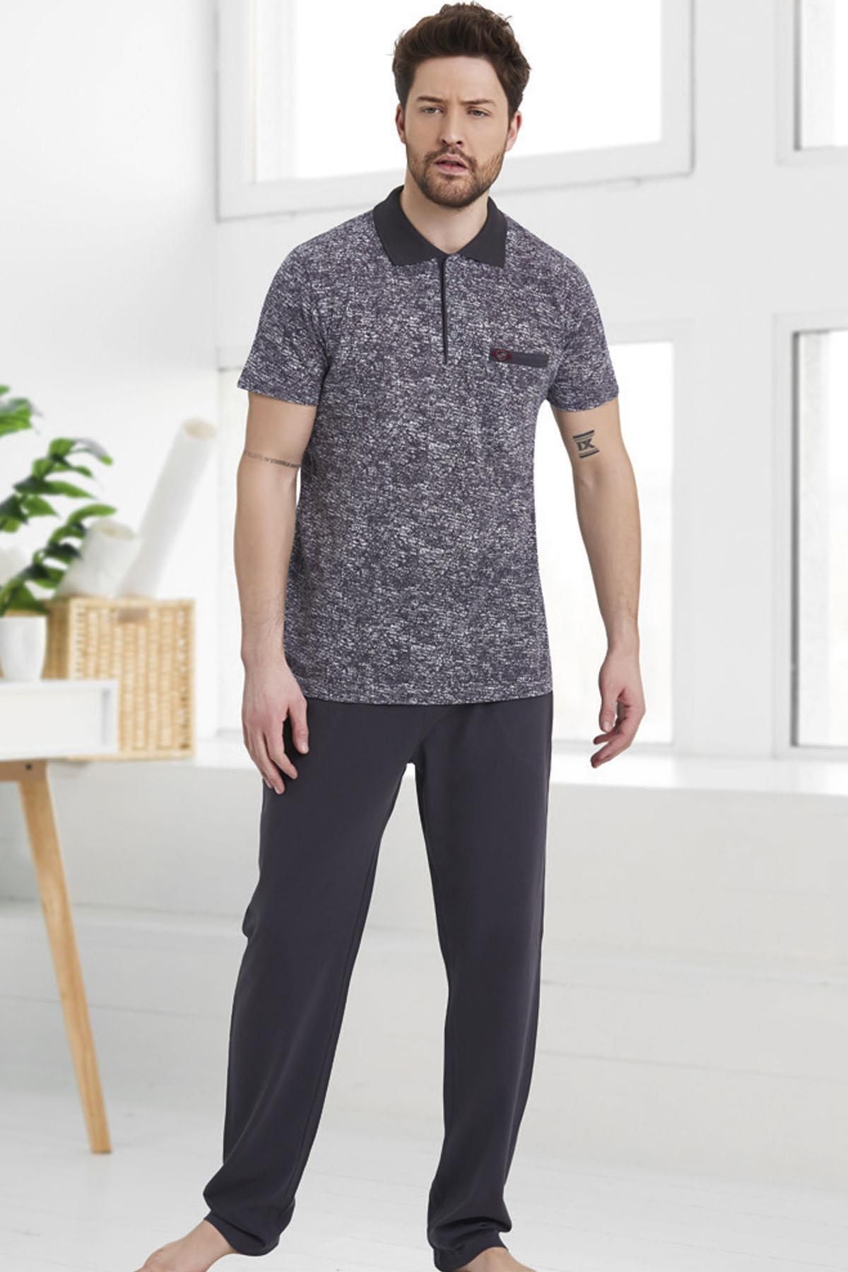 Erse %100 Pamuklu Kısa Kol Polo Yaka Erkek Ev Giyim Pijama Takım
