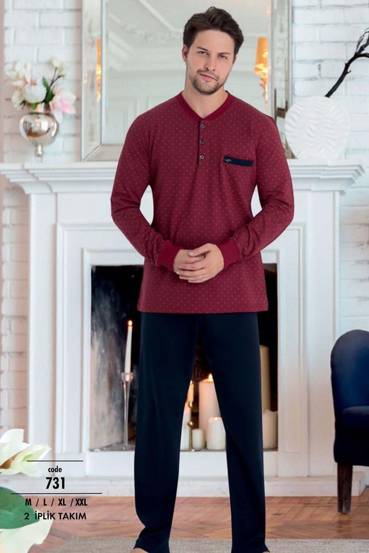 Erse Erkek %100 Pamuk Pijama Takım, Uzunkol Manşet Kol 2 İplik Dokuma