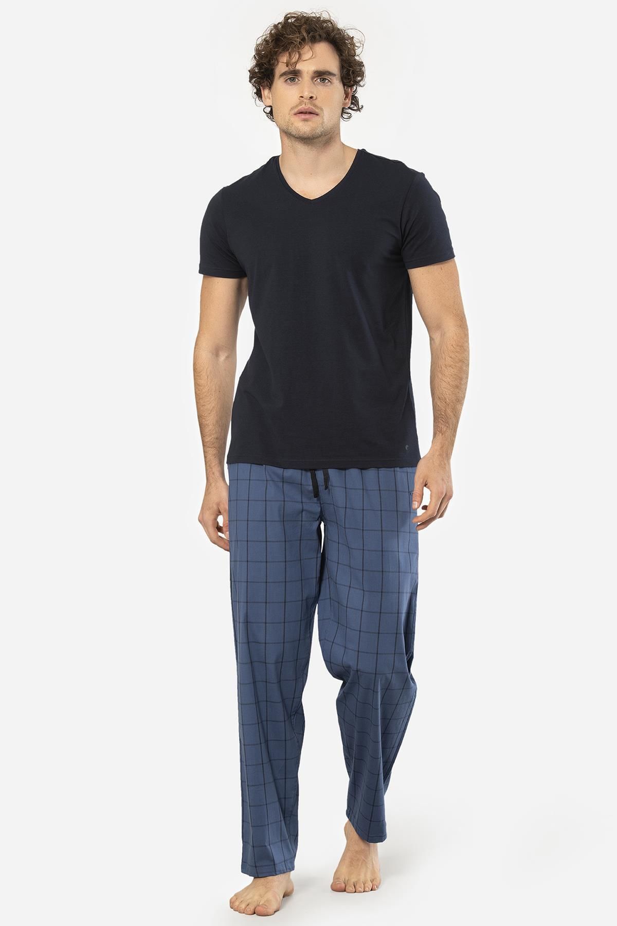 Cacharel-V-Neck T-shirt and Plaid Bottom Pajama Set - Short Sleeve and Pocket 3