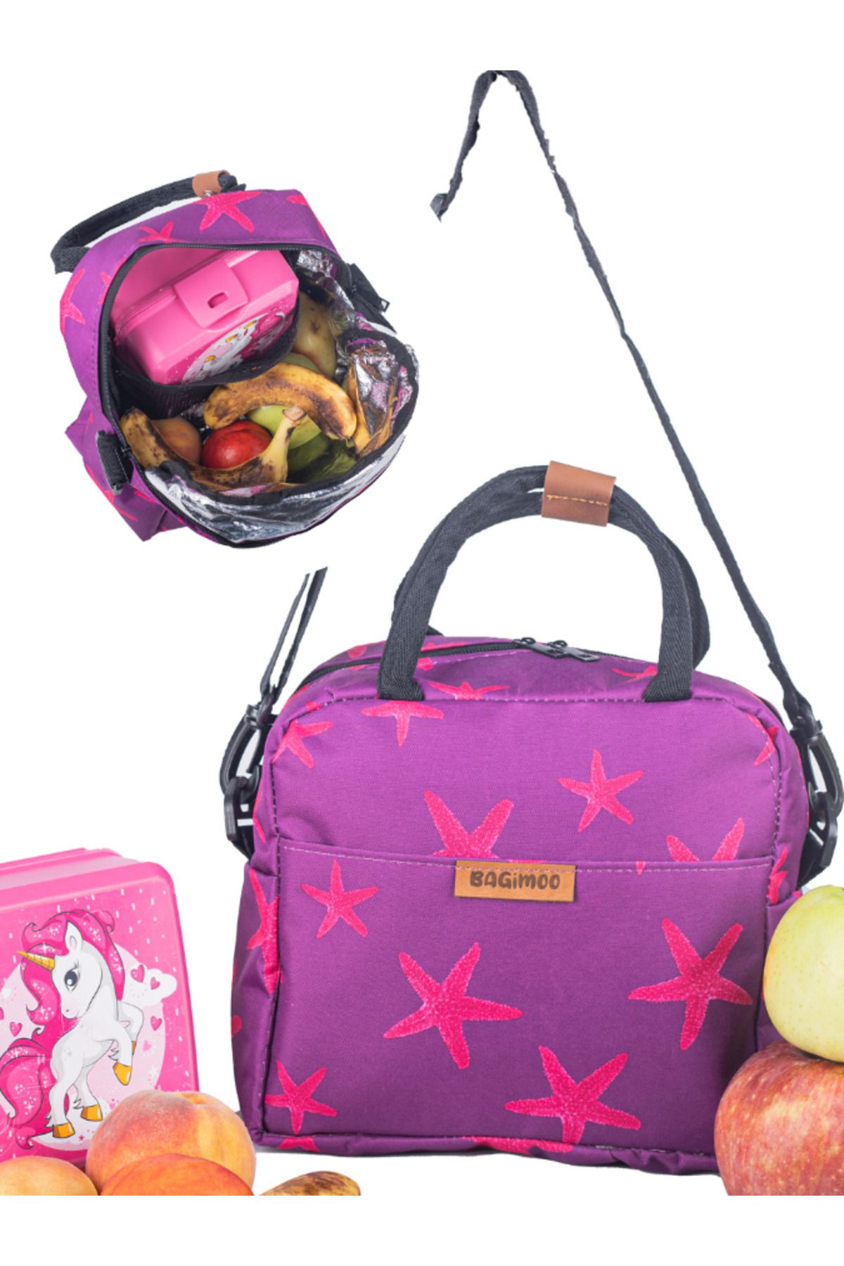 Bagimoo-Purple Star Pattern Thermal Bag with Strap - Thermal Insulation and Waterproof, Meal Carrying and Lunch Box 1