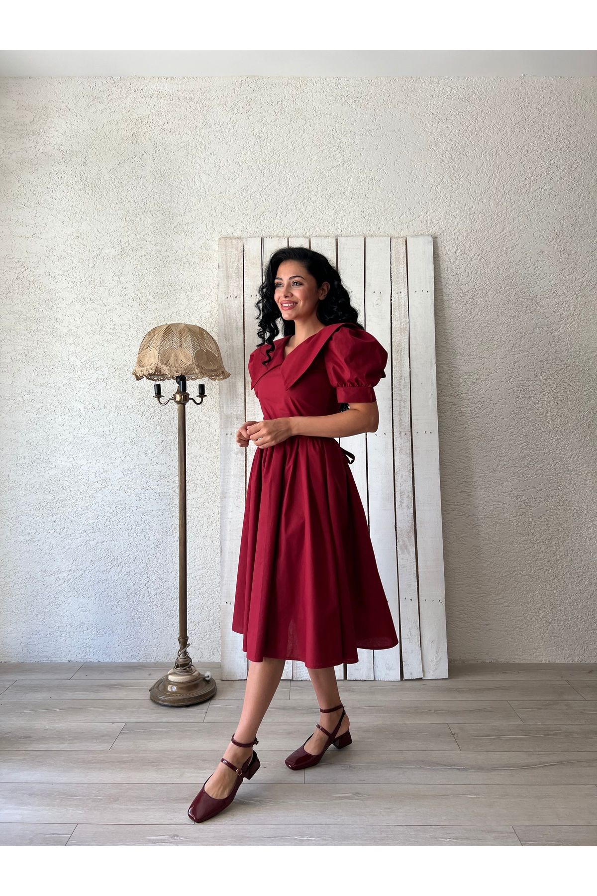 KÜÇÜĞÜM BUTİK-Burgundy Big Neckline Flared Poplin Dress 1