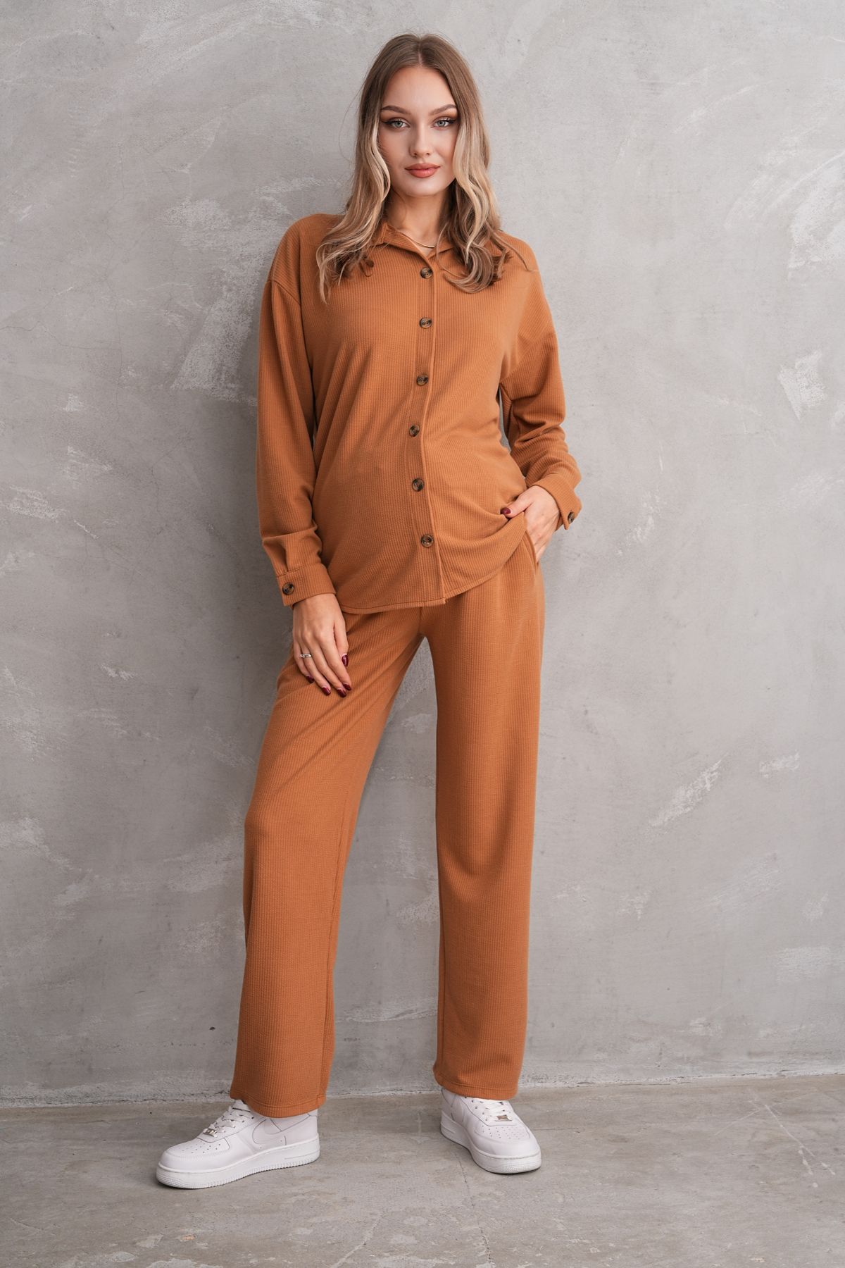 Miss Dünya Lissa-Pregnant and Maternity Bottom Top Suit with Front Button Corded Twisted Fabric Pockets 5
