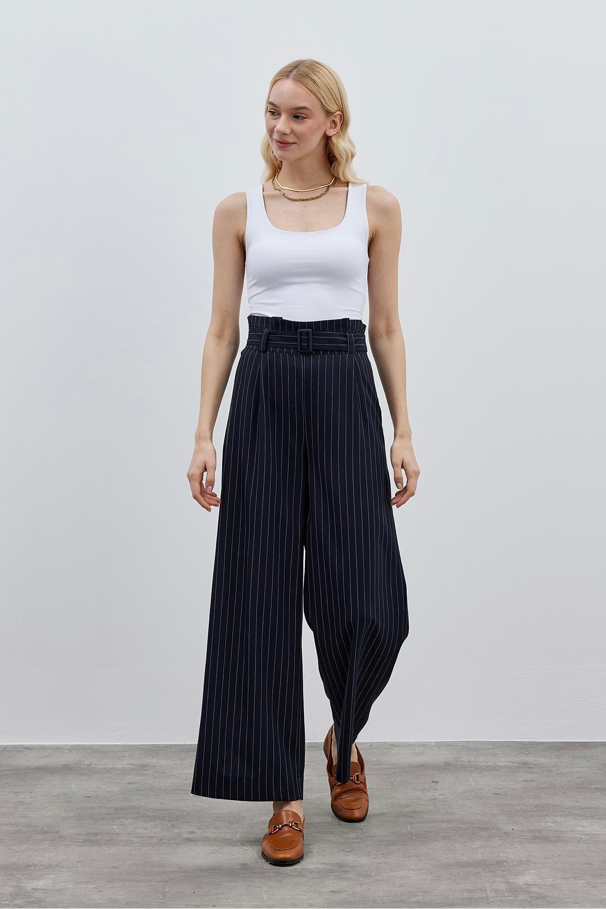 Fahhar-Navy Blue Striped Women's Trousers with Belt Detail 4