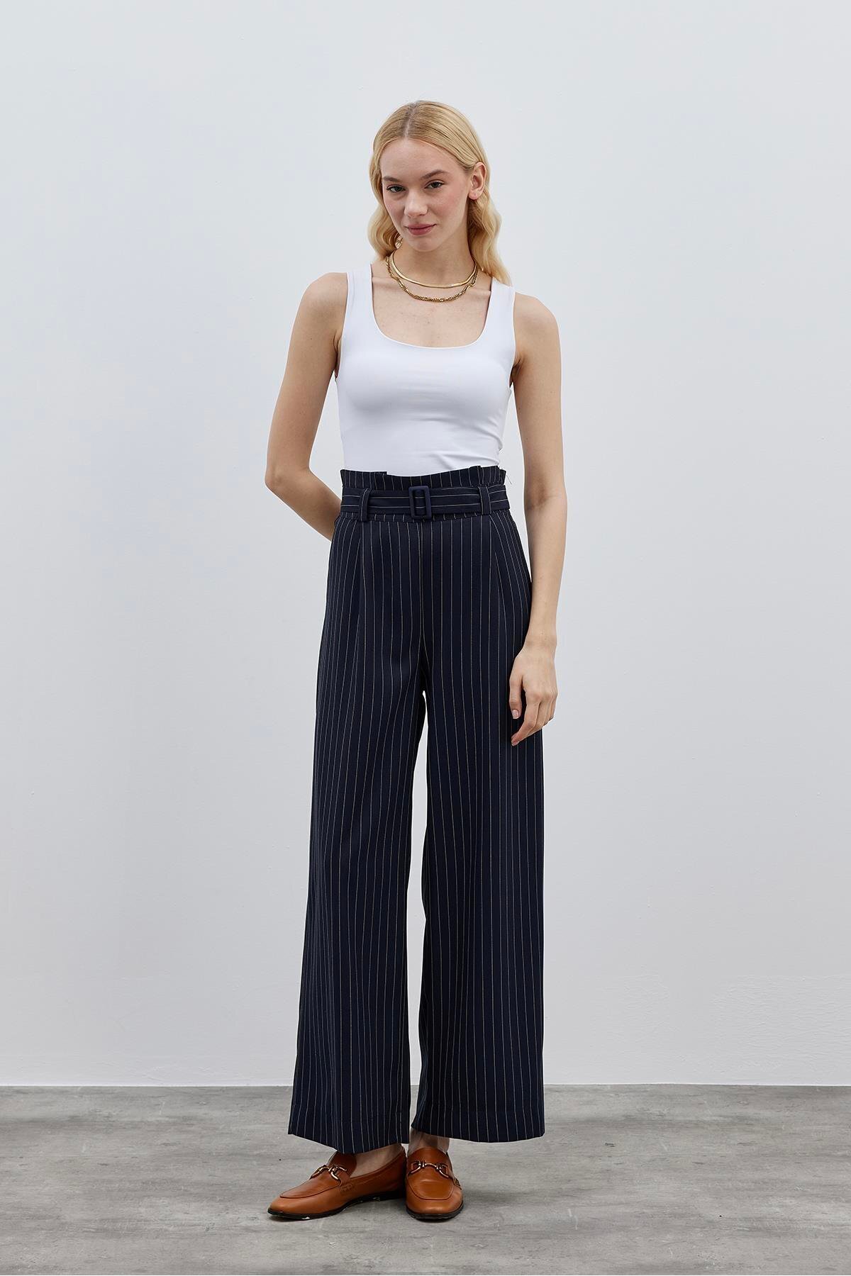 Fahhar-Navy Blue Striped Women's Trousers with Belt Detail 3