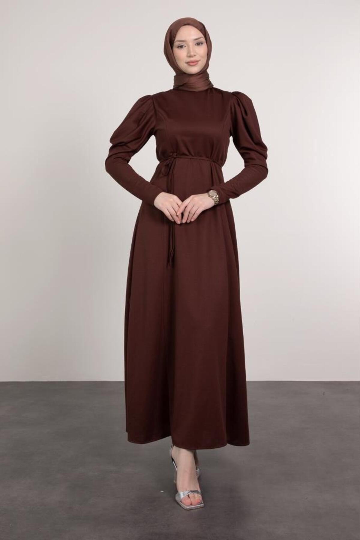 Lamia Giyim-Brown Hijab Dress - Shoulder Balloon Detail and Sashes 1