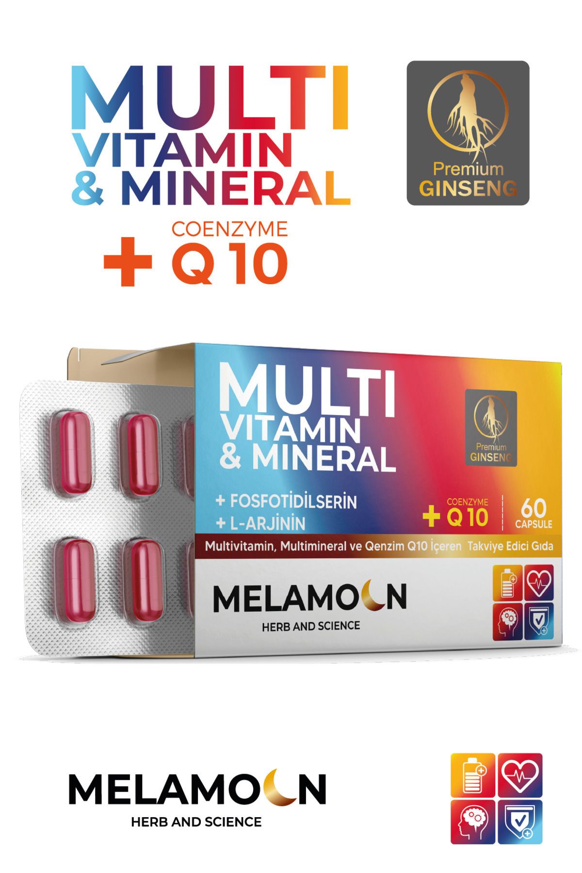 Melamoon Multivitamin Tam Destek , Multimineral & Coenzim(KOENZİM) Q10 Kapsül 60 Kapsül