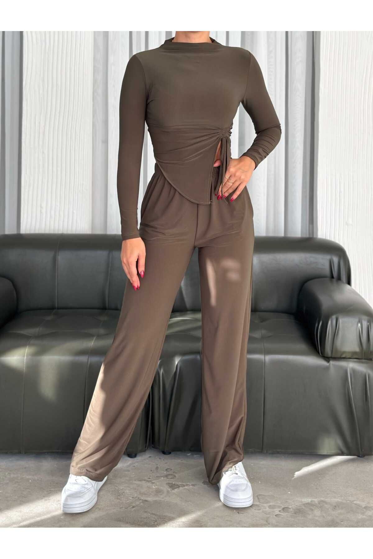 aytenli-Palazzo Pants with Stand Collar and Triangle Cut - Long Sleeve Sandy Set with Pockets and Elastic Waist 5