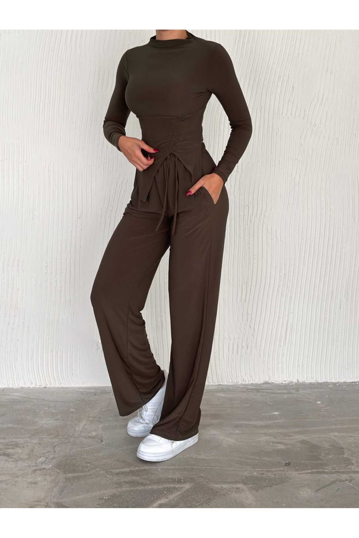 aytenli-Palazzo Pants with Stand Collar and Triangle Cut - Long Sleeve Sandy Set with Pockets and Elastic Waist 4