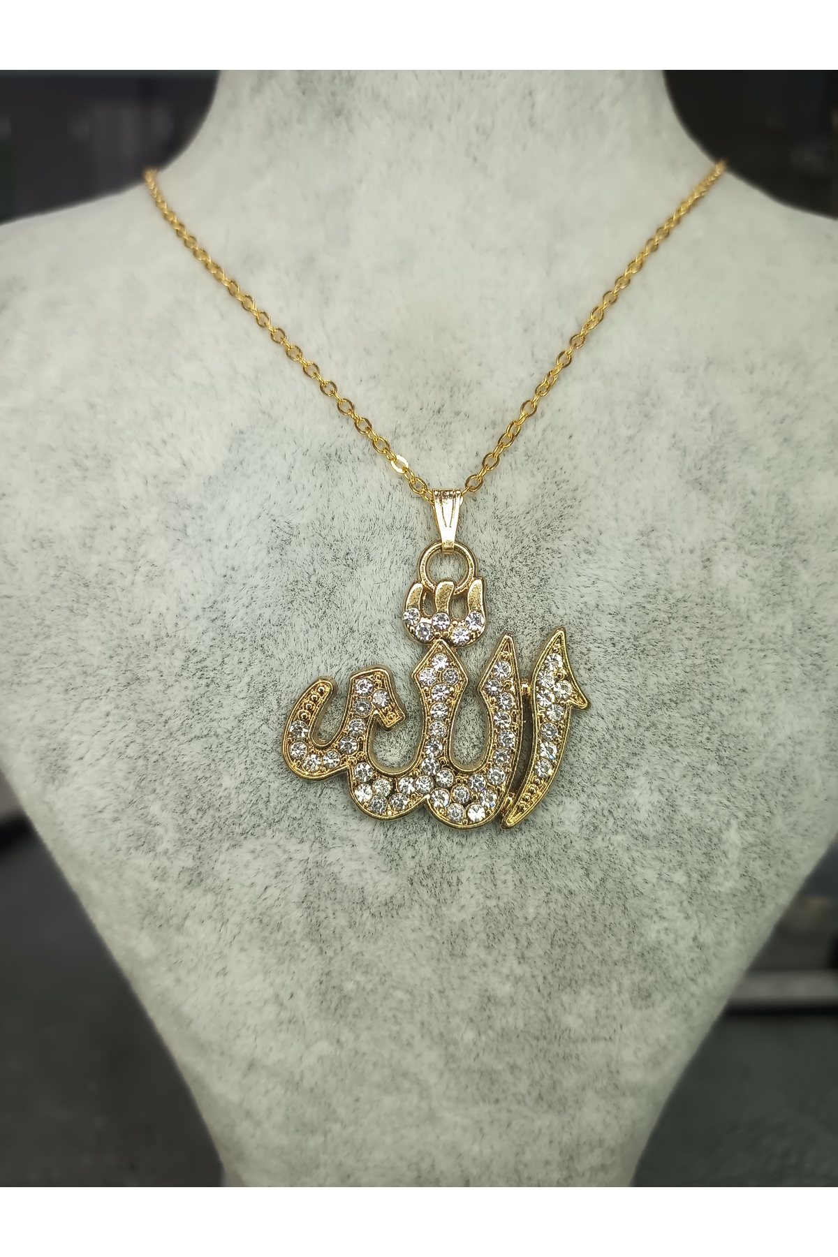 Mos Tespih Allah Yazılı Gold Kaplama Zikron İşlemeli Kolye görsel 2