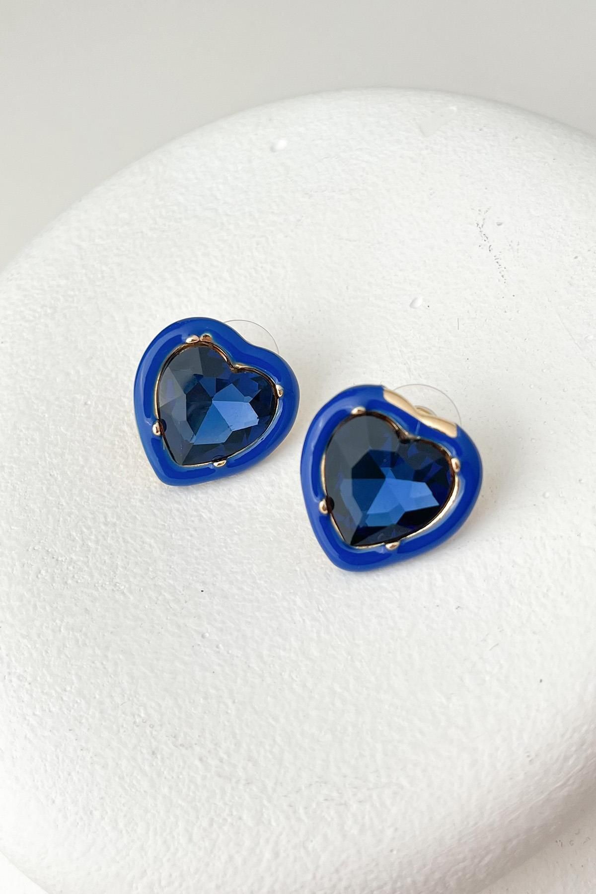 Modex-Dark Blue Jewelled Enamel Heart Earrings (2cm) 1