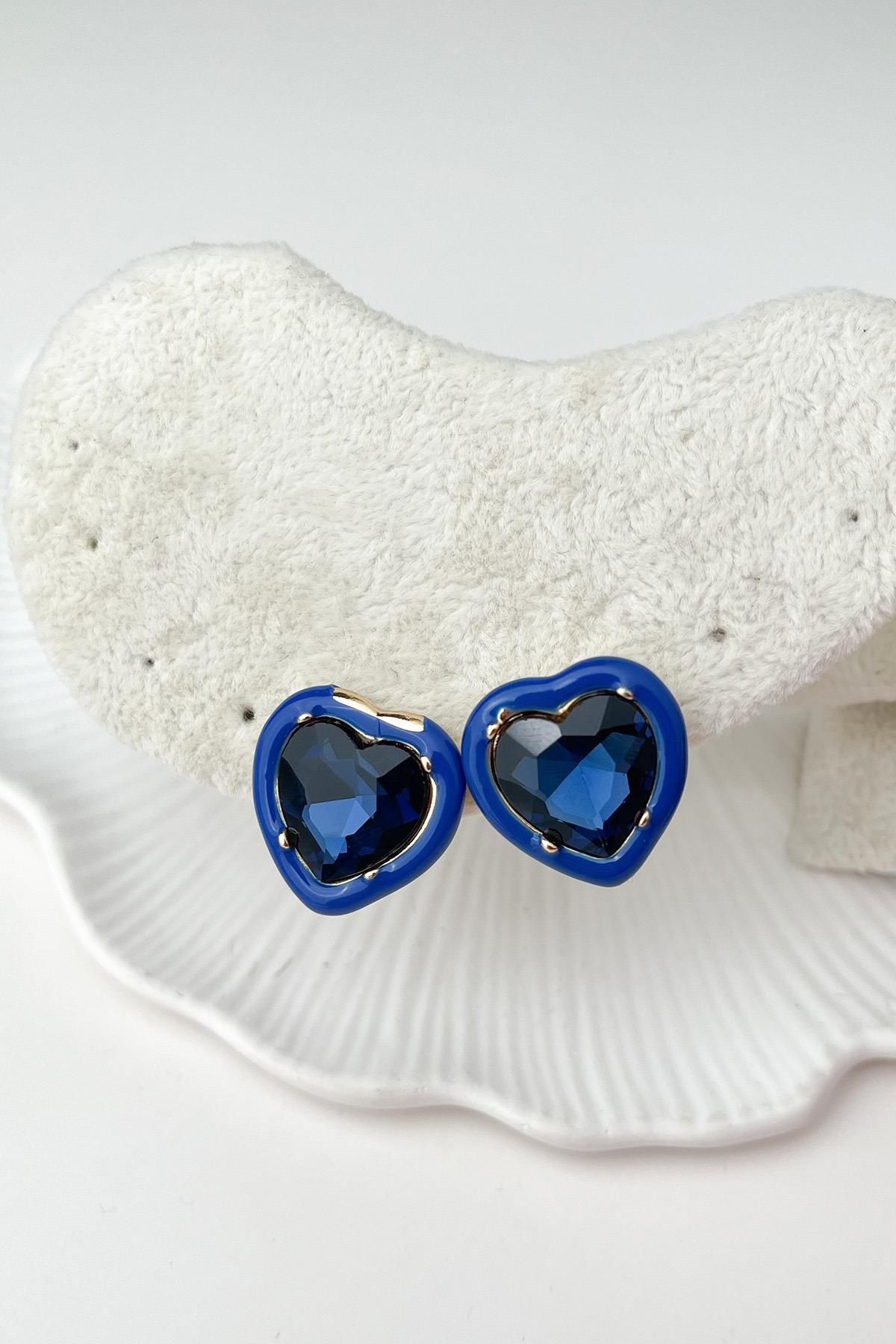 Modex-Dark Blue Jewelled Enamel Heart Earrings (2cm) 2