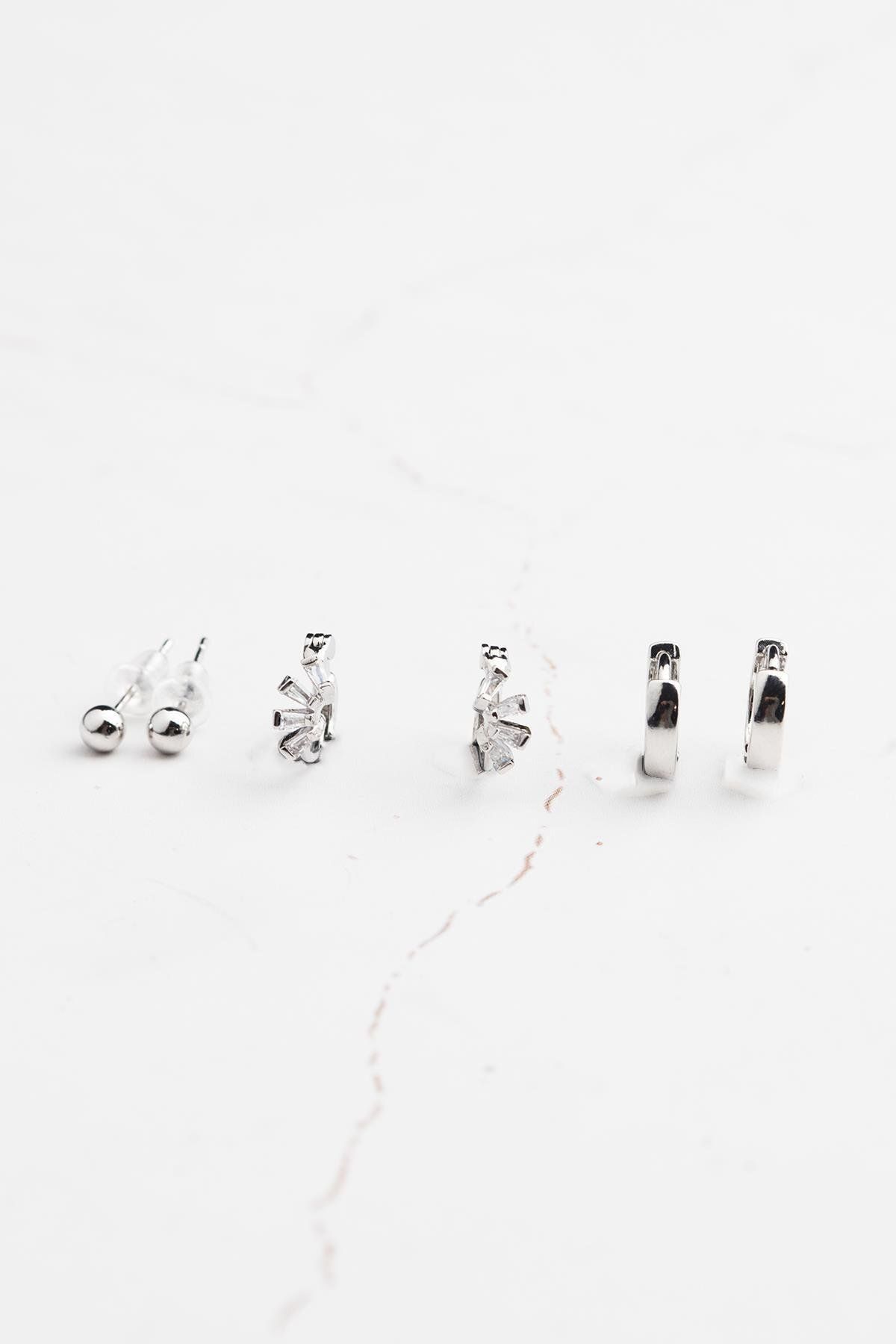 Modex-Silver Color Minimal Multiple Earrings Set 2