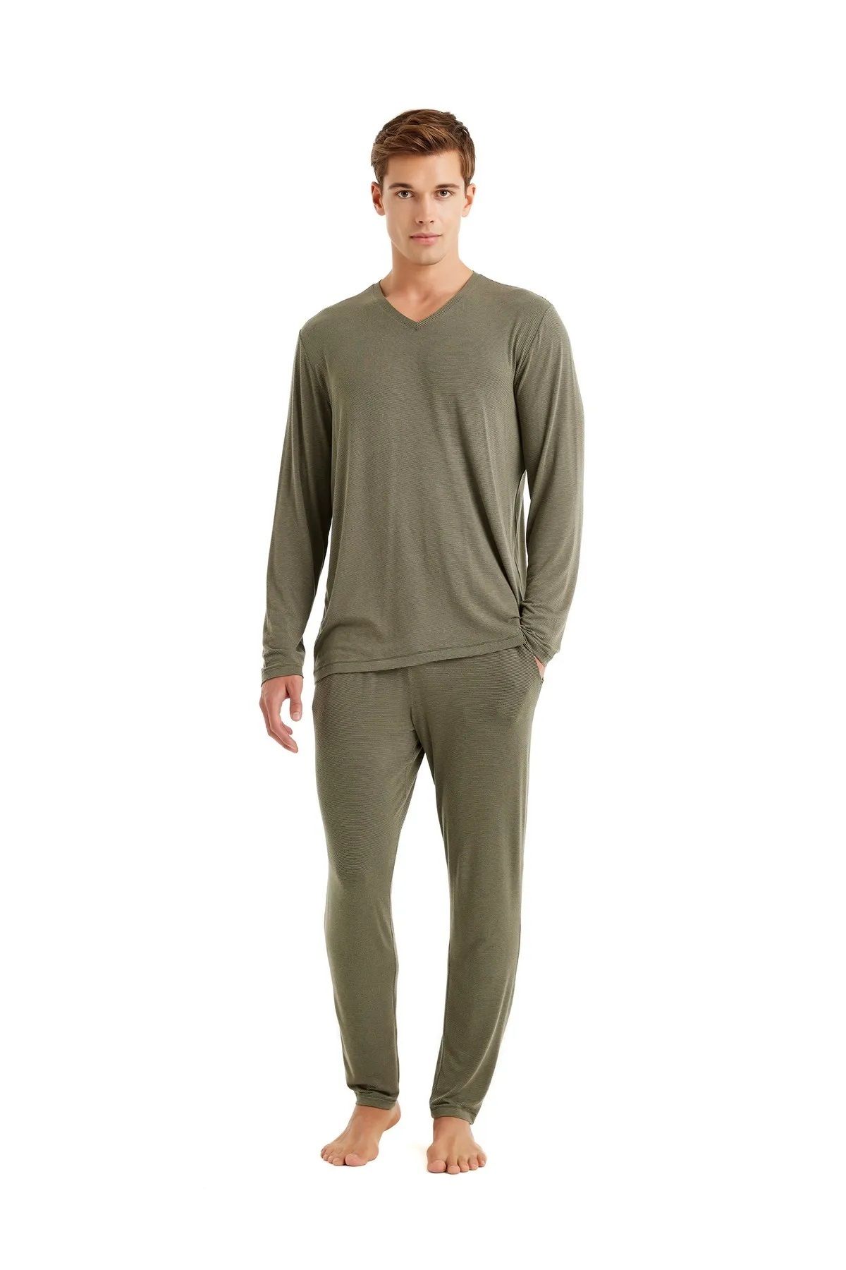 Blackspade-V-Neck Long Sleeve Soft Textured Fabric Men's Pjamas Suit 1