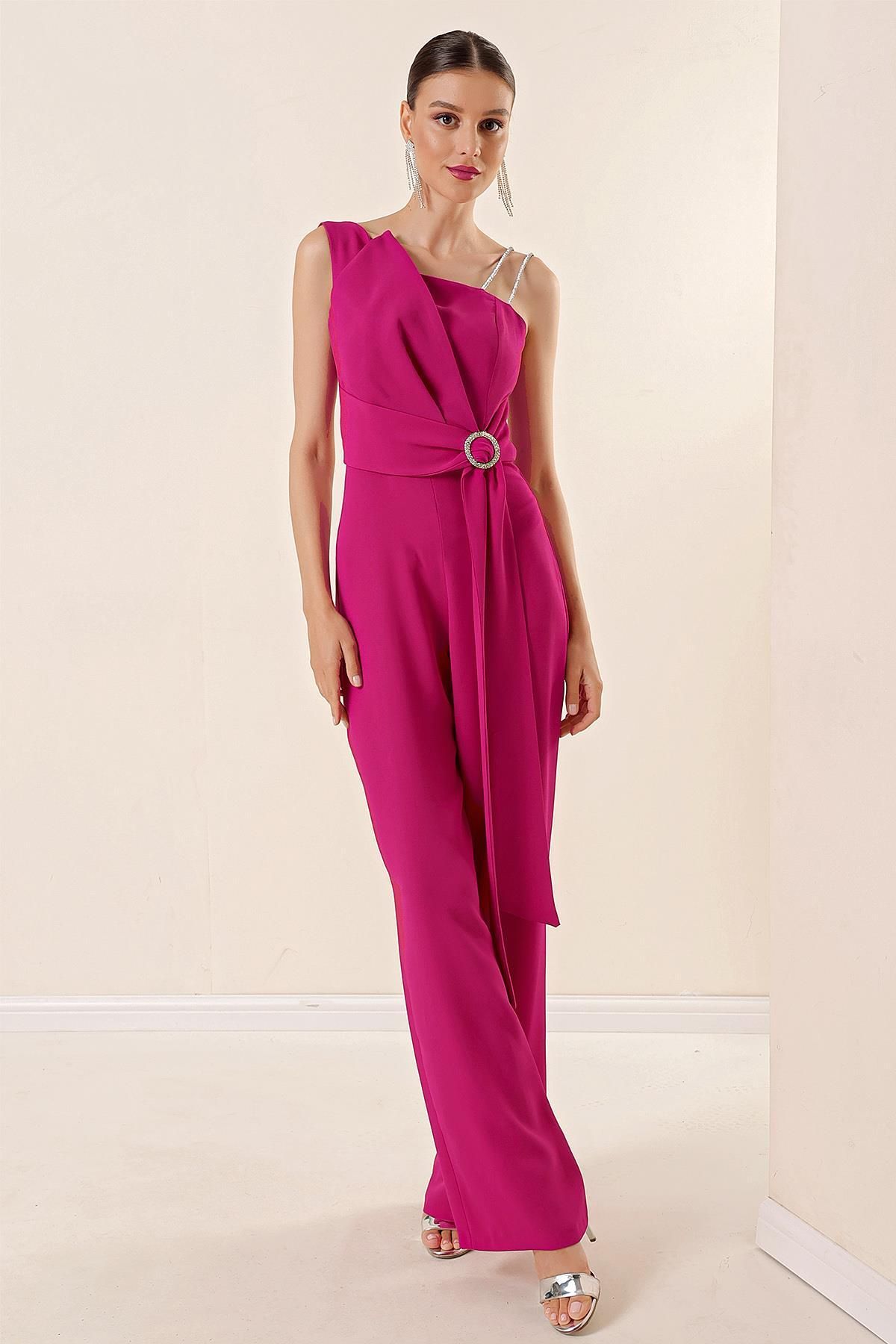 By Saygı-Crepe Palazzo Jumpsuit with One Side Buckle and Drap - Double String Straps 3