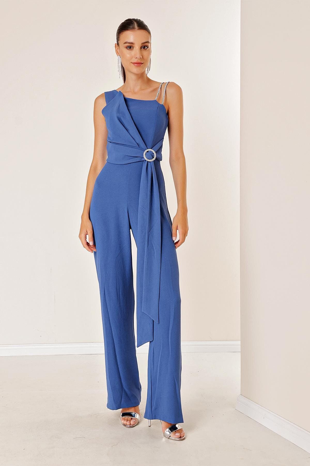 By Saygı-Crepe Palazzo Jumpsuit with One Side Buckle and Drap - Double String Straps 1