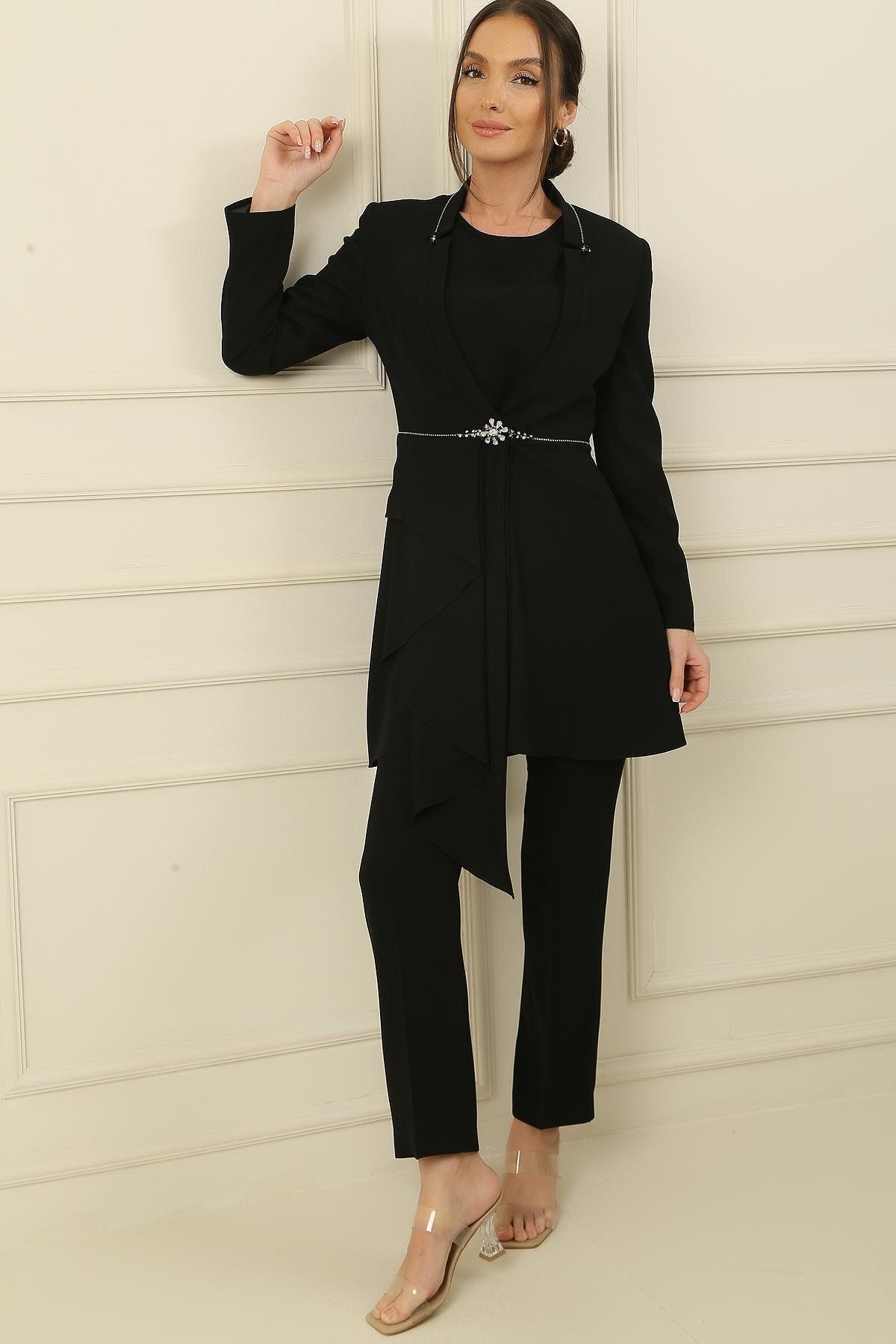 By Saygı-3 Piece Set with Collar and Stone Detail on the Front, Flounced Trousers, Large Size Spacing 2