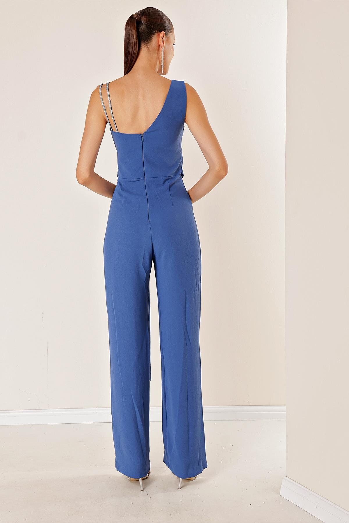 By Saygı-Crepe Palazzo Jumpsuit with One Side Buckle and Drap - Double String Straps 5