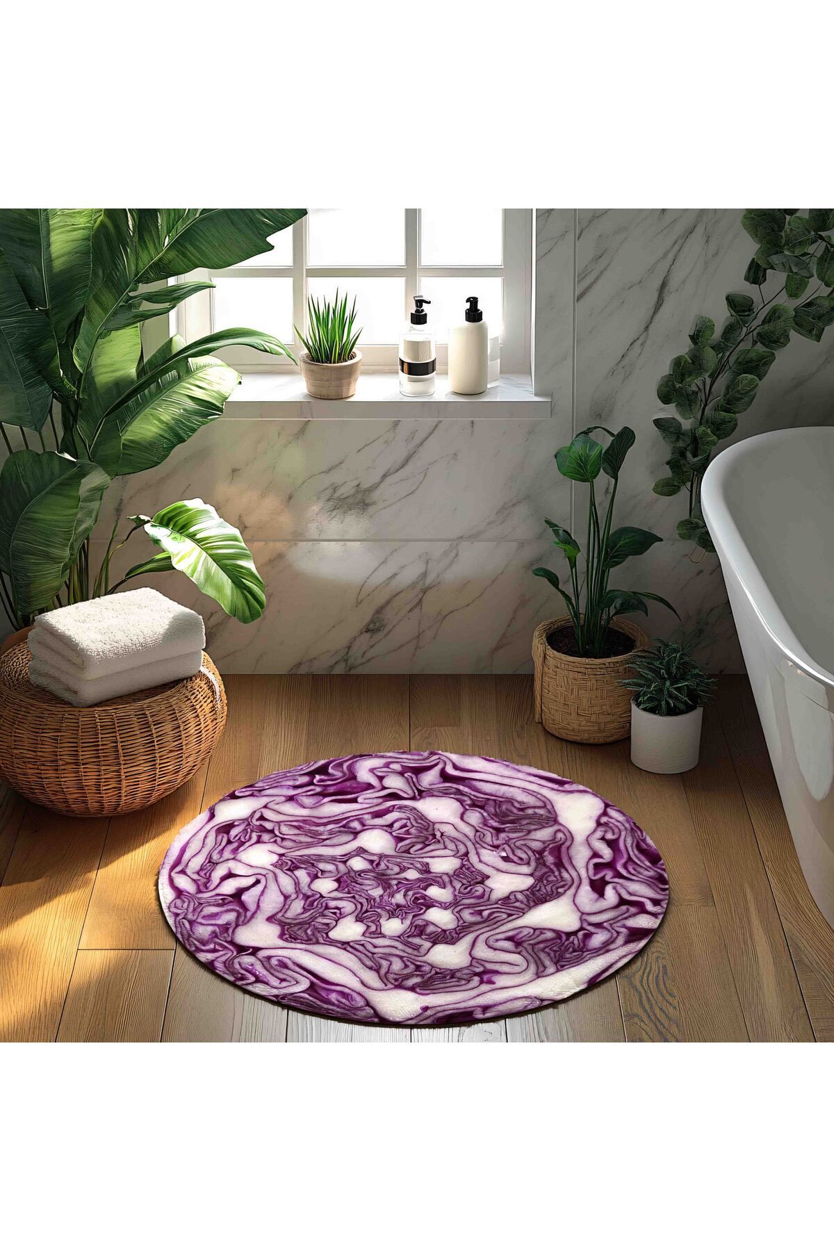 Dekoratif Modern Vintage Retro Tasarım Kaydırmaz Taban 100 Cm Yuvarlak Siyah Banyo Paspası