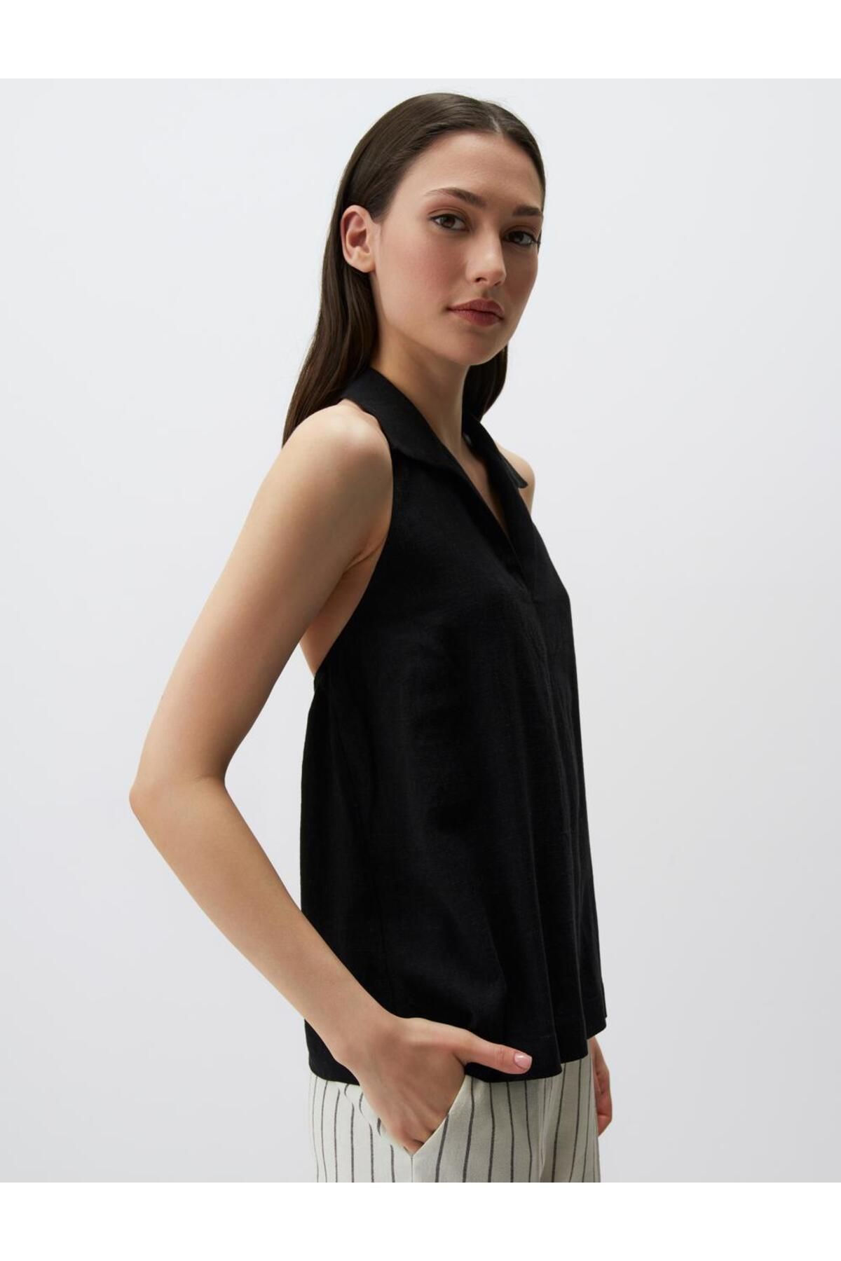 Jimmy Key-Black Halter Neck Stand Collar Linen Blouse 3