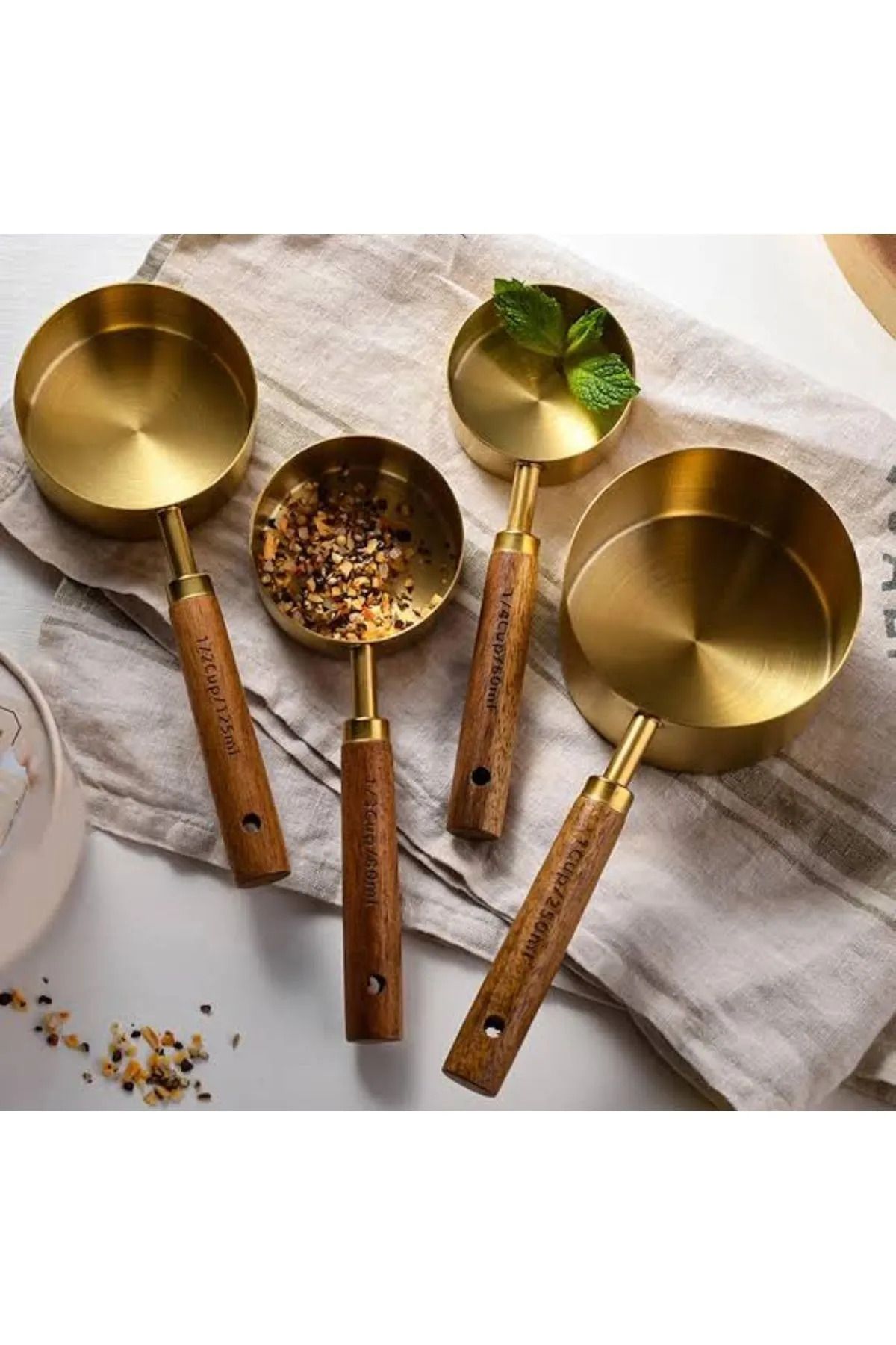 btmhome-Gold Measuring Spoon Set Set of 4 Measuring Cups with Wooden Handle 8