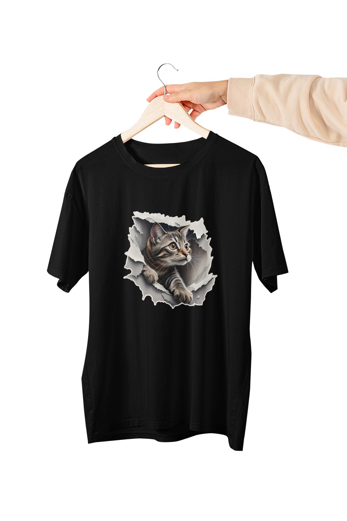 qoeuyl boutique-White Unisex T-Shirt with Cute Cat Printed Kitten, Designed Gift for Animal Lover 4