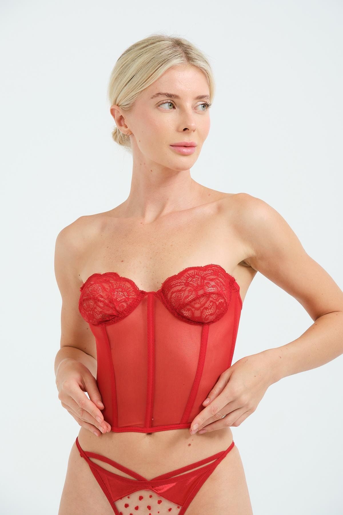 C&City-6003 Modell Rotes, durchsichtiges, ausgefallenes, trägerloses Spitzen-Bustier 5