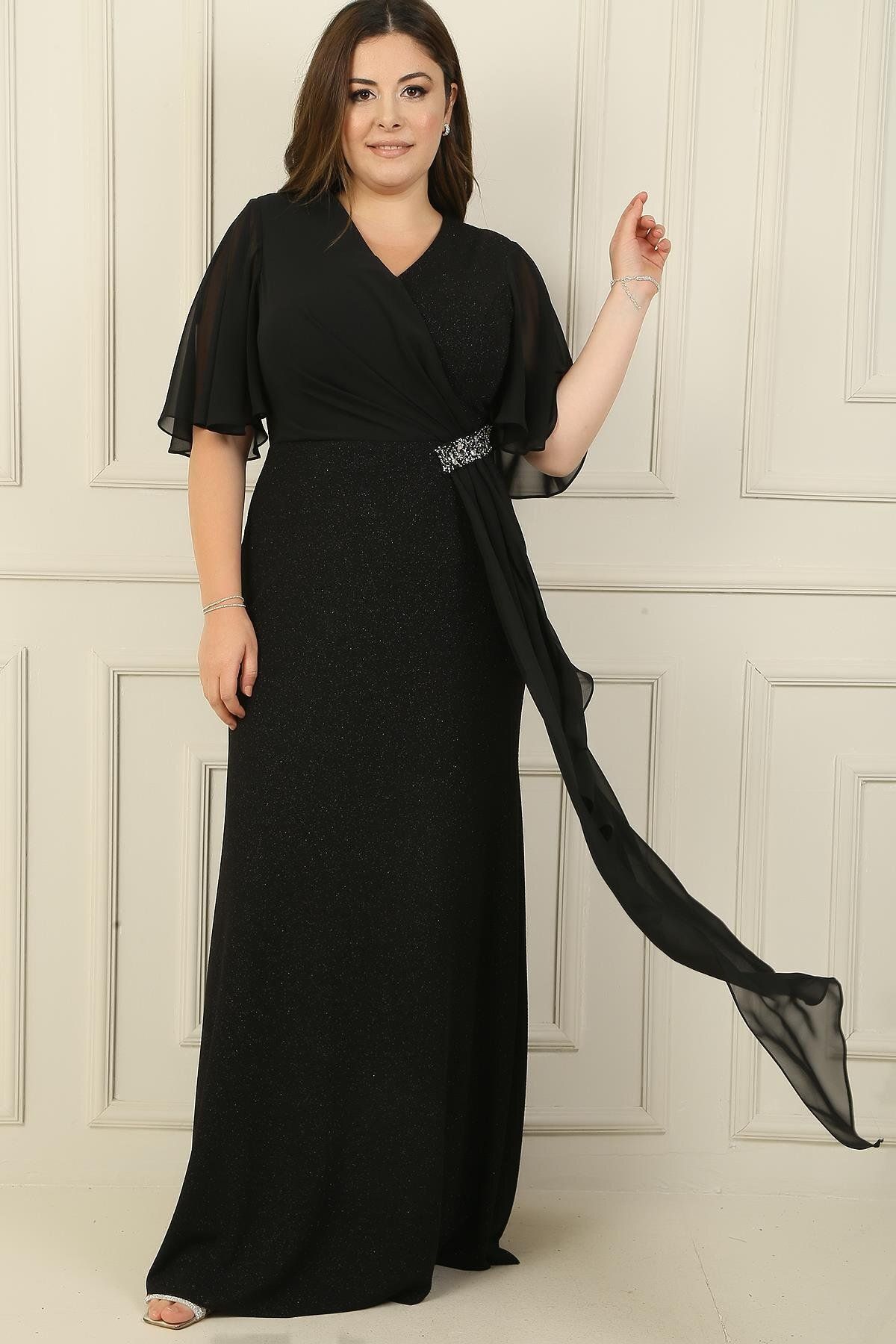 By Saygı Długa, Szyfonowa, Brokatowa Sukienka Plus Size Z Rękawami I Dodatkami Wysadzanymi Klejnotami Kobieta - 4XL