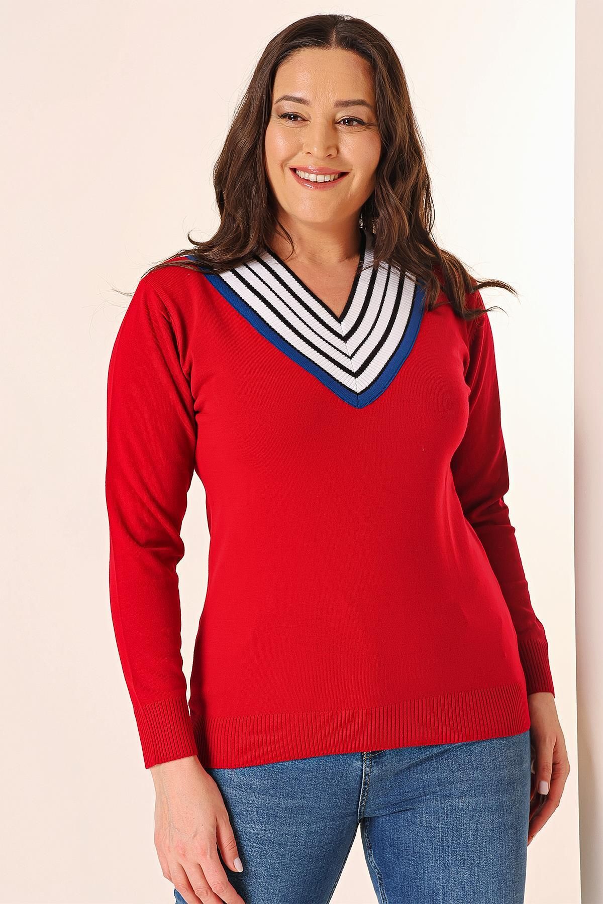 By Saygı-Striped V-neck Large Size Knitwear Sweater 2