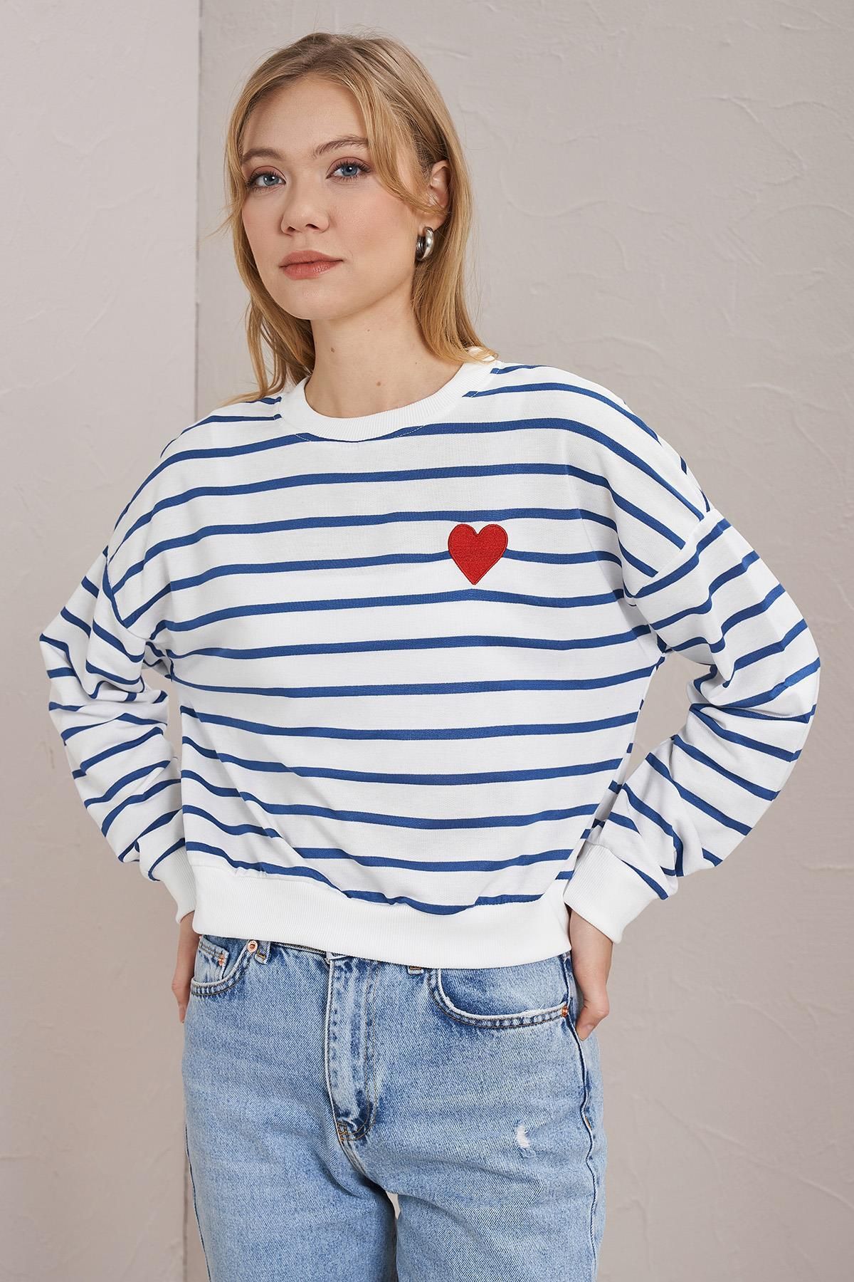 TENA-Women's Indigo Crew Neck Striped Heart Embroidered Two Yarn Basic Sweatshirt 1