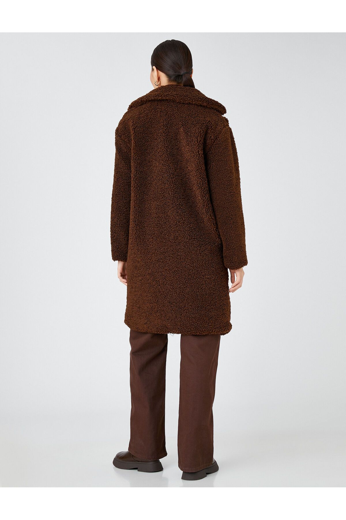 Koton-Long Plush Oversize Coat with Single Button Pocket 4
