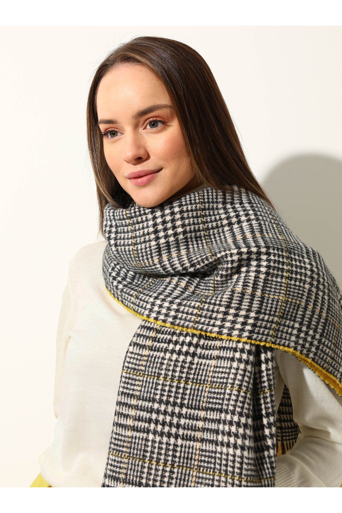 Tuva-Lemon Yellow Patterned Shoulder Shawl - Canvas 6