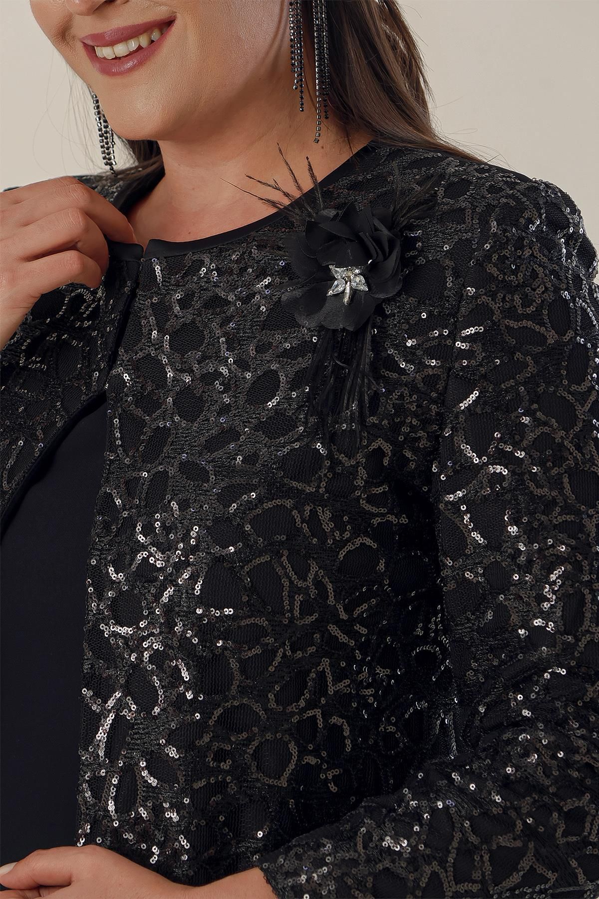 By Saygı-Half Moon Sleeve Long Crepe Dress with Sequined Kaftan Lining on the Sleeves and Front Plus Size 2-Piece Set 4